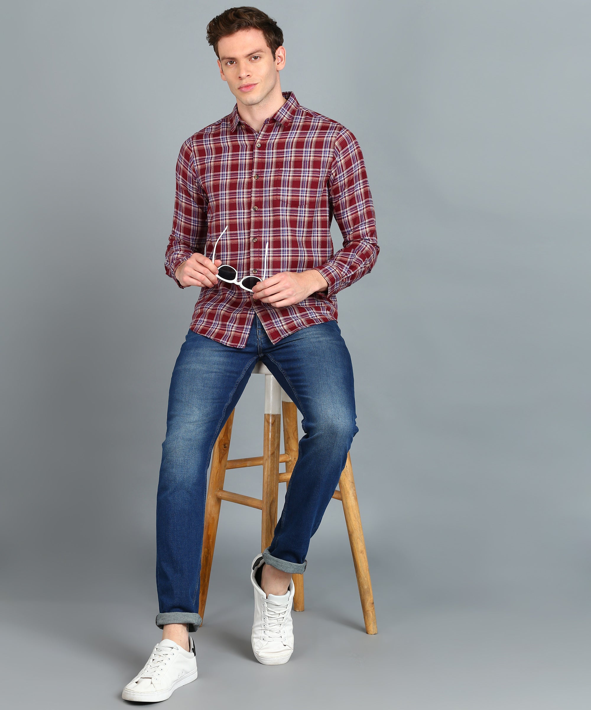 Men's Red Cotton Full Sleeve Slim Fit Casual Checkered Shirt