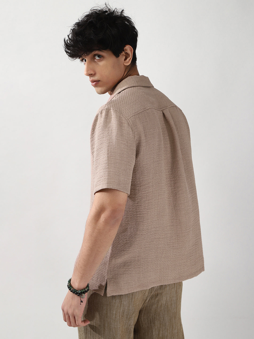 Men's Mocha Mousse Cotton Half Sleeve Oversized Fit Textured Shirt with Cuban Collar