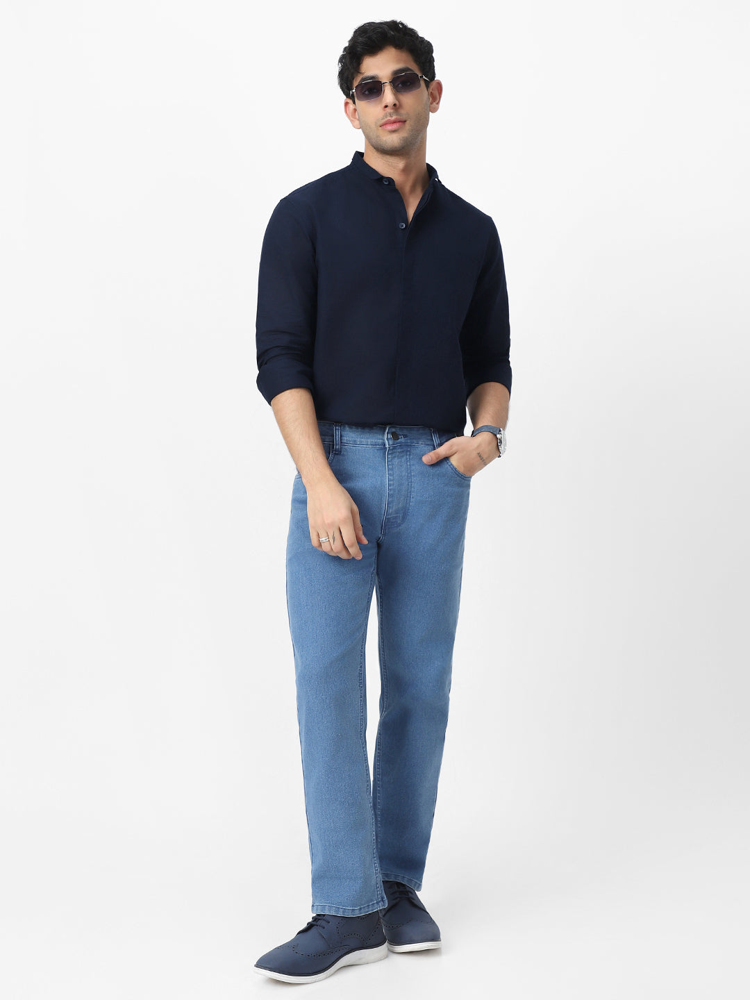 Men's Navy Cotton Full Sleeve Regular Fit Casual Solid Shirt with Band Collar