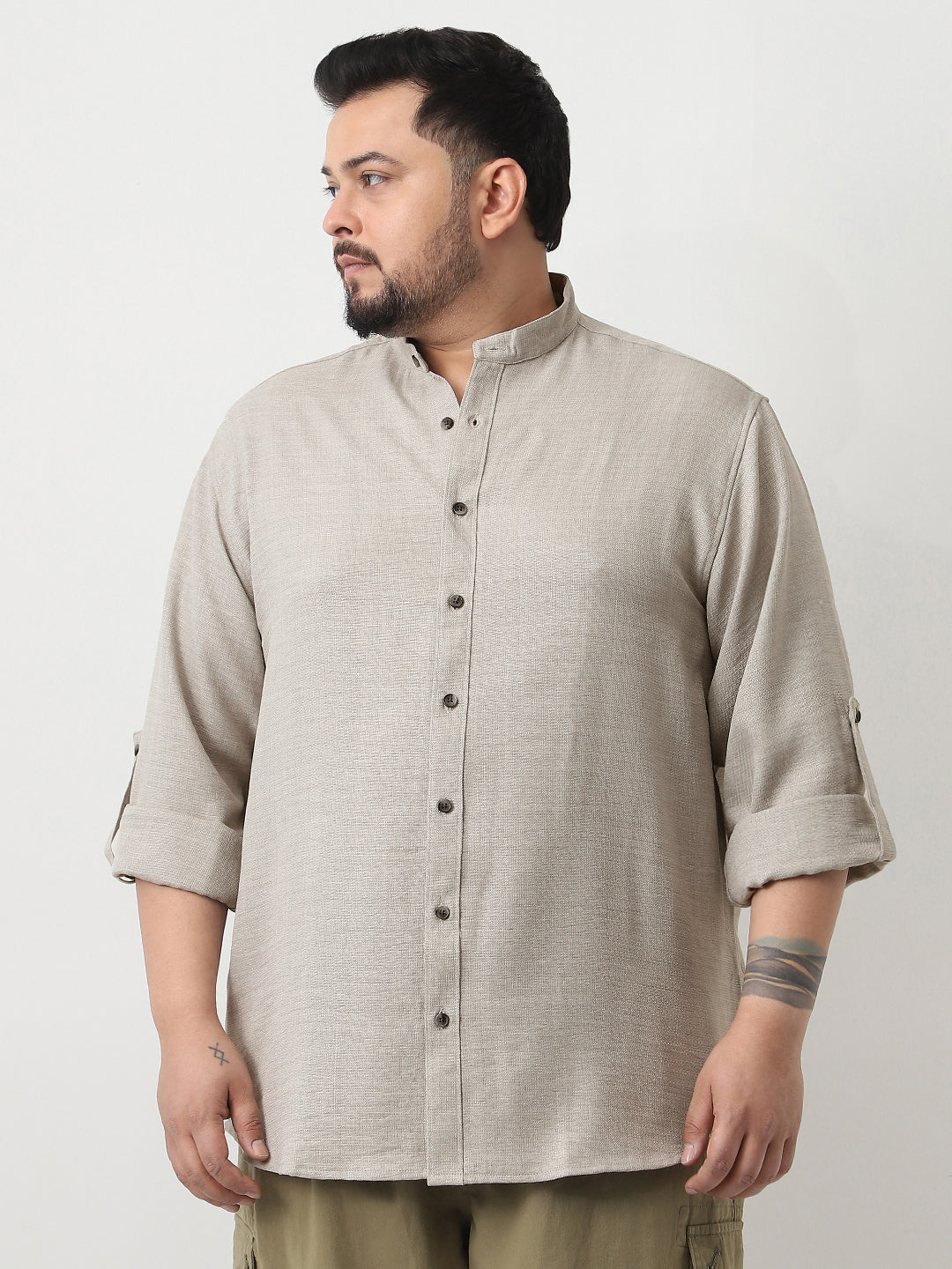 Plus Men's Beige Linen Blend Full Sleeve Relaxed Fit Mandarin Collar Casual Solid Shirt