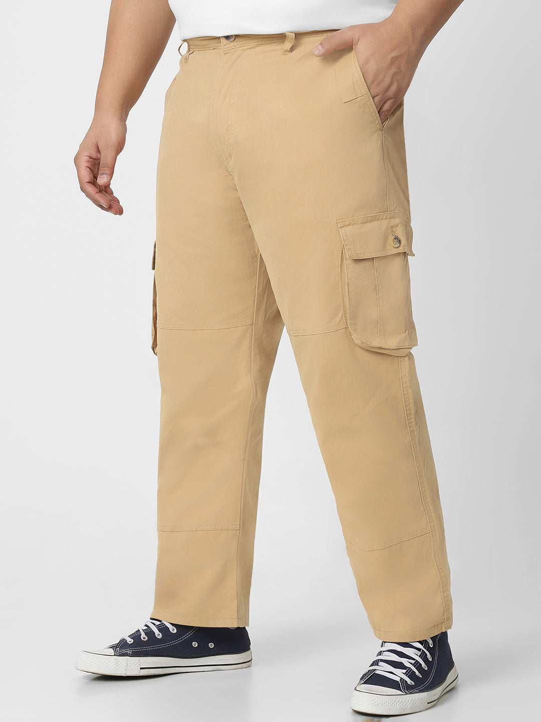 Plus Men's Beige Regular Fit Solid Cargo Chino Pant with 6 Pockets