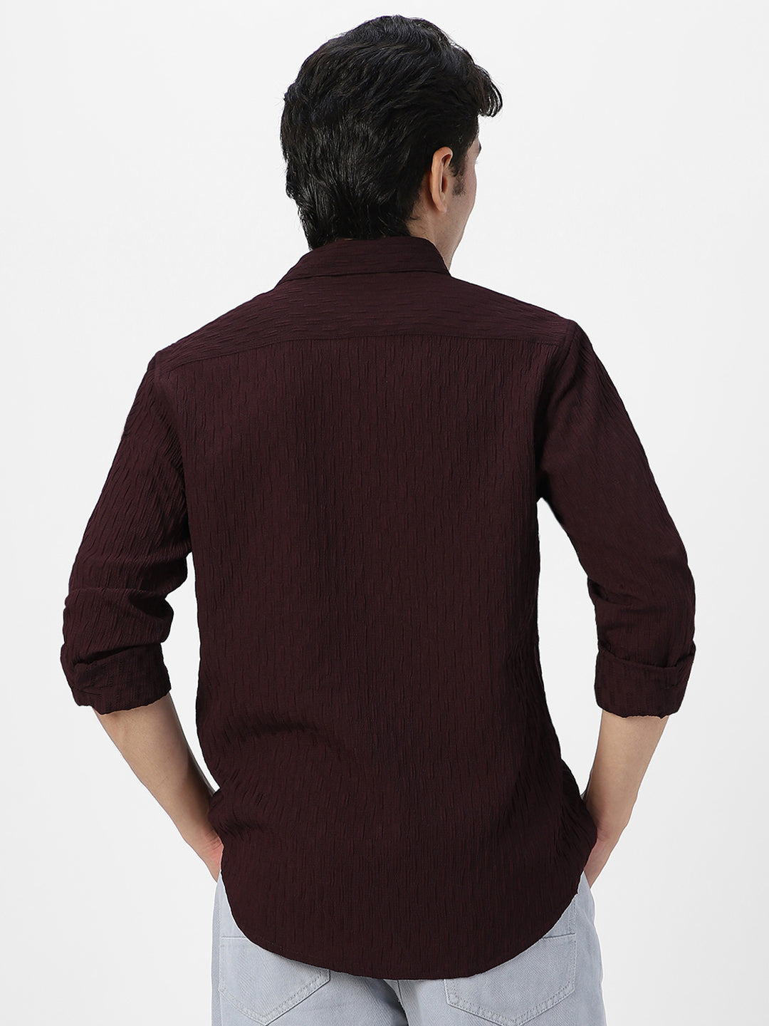 Men's Maroon Cotton Full Sleeve Regular Fit Textured Shirt with Spread Collar