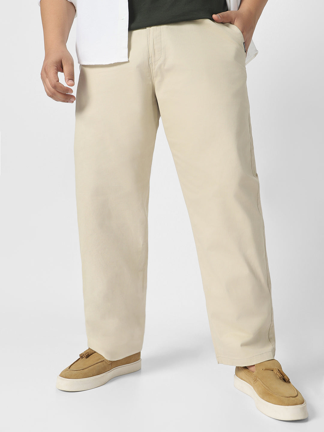 Plus Men's Cream Cotton Regular Fit Casual Chinos Trousers Stretch