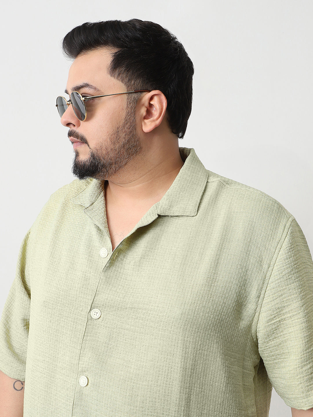 Plus Men's Pastel Olive Cotton Half Sleeve Oversized Fit Textured Shirt with Cuban Collar