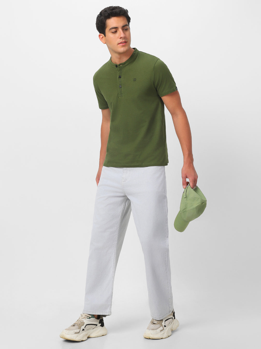 Men's Olive Green Solid Mandarin Collar Slim Fit Cotton T-Shirt