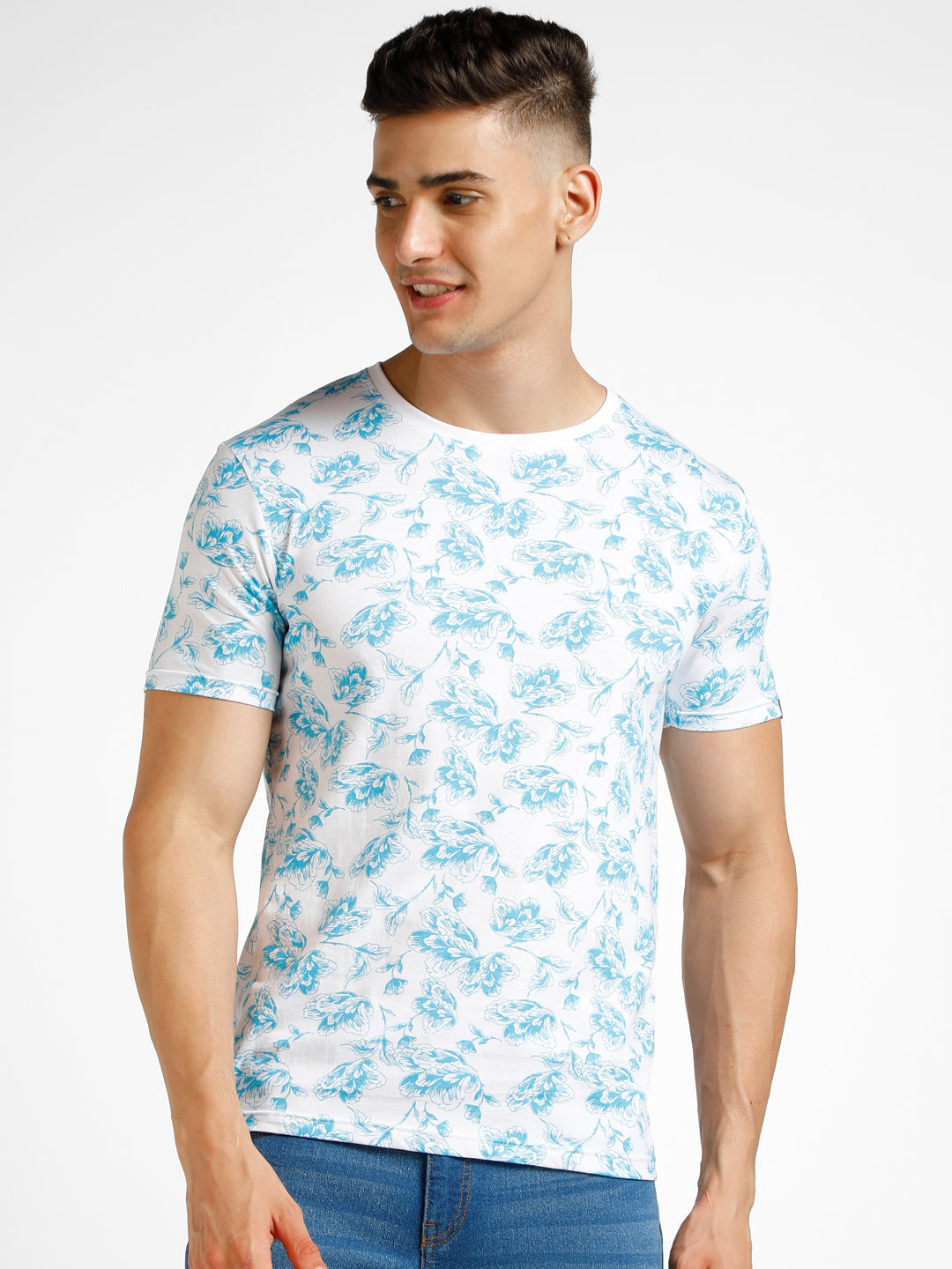 Men's White Printed Round Neck Half Sleeve Slim Fit Cotton T-Shirt