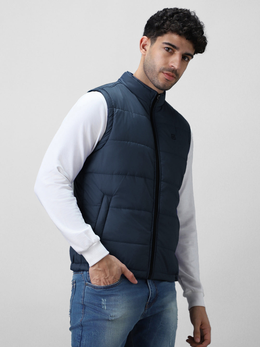 Men's Blue Sleeveless Zippered Puffer Jacket