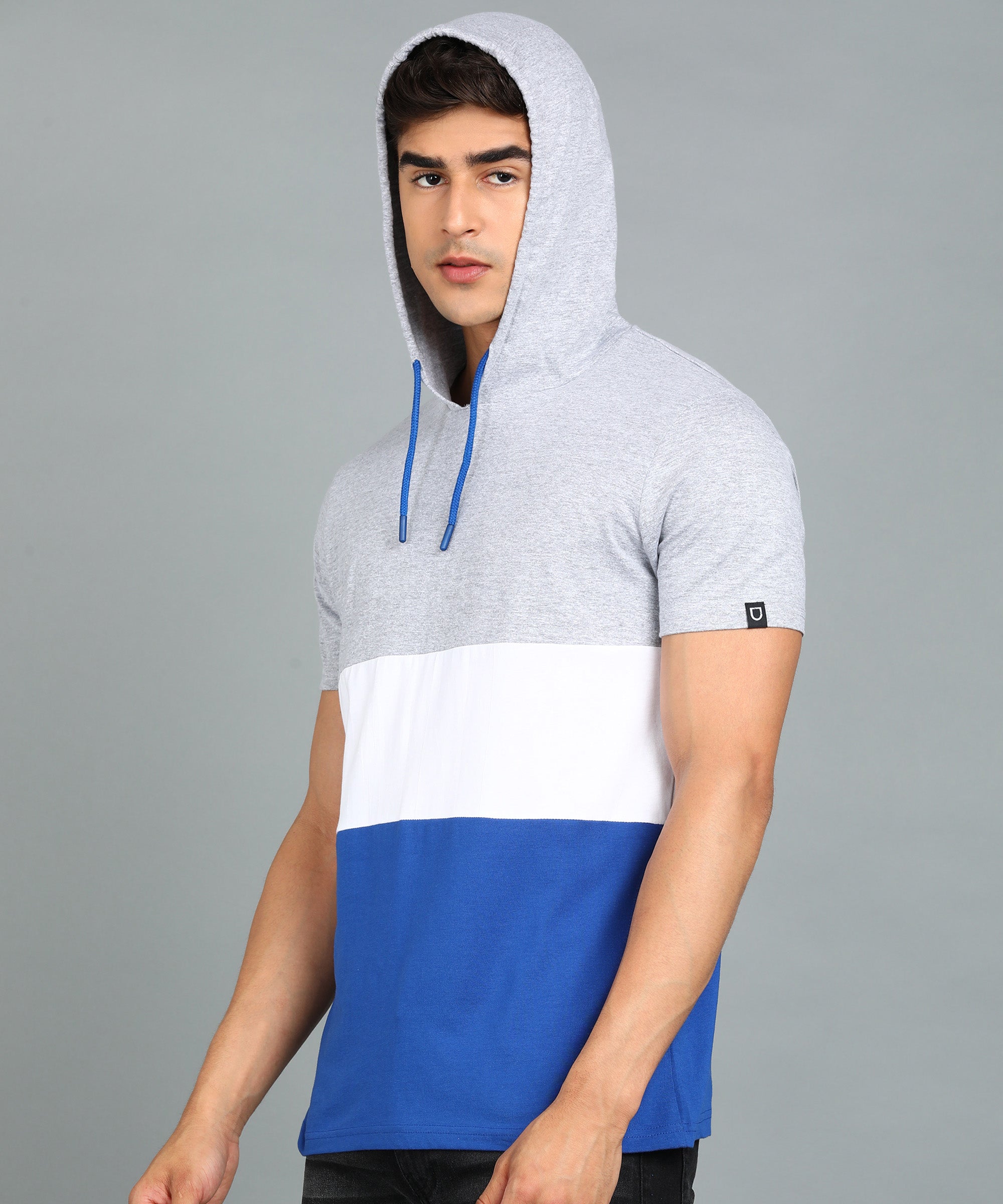 Men's Grey, White, Royal Blue Cotton Slim Fit Half Sleeve Hooded T-Shirt