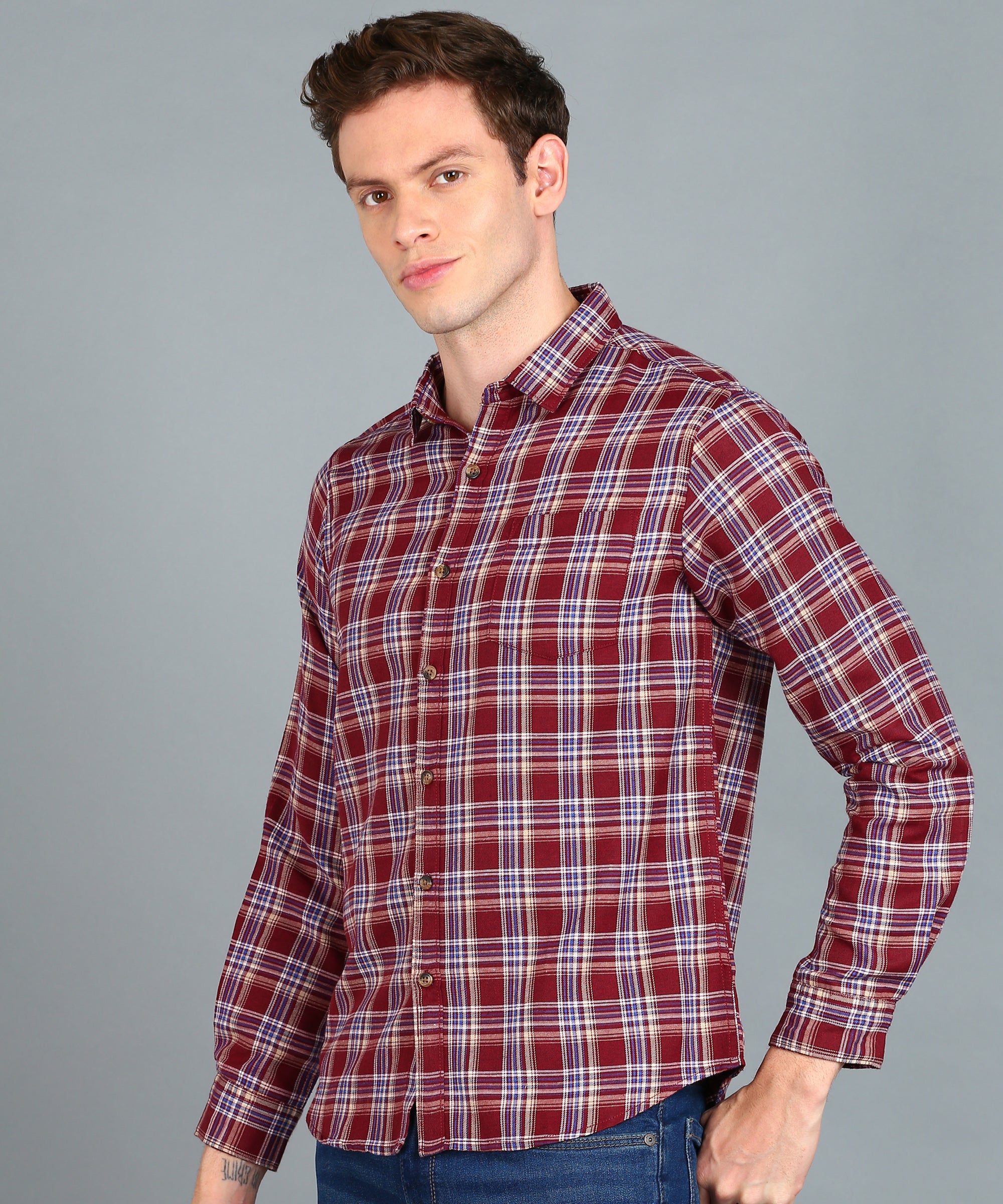 Men's Red Cotton Full Sleeve Slim Fit Casual Checkered Shirt