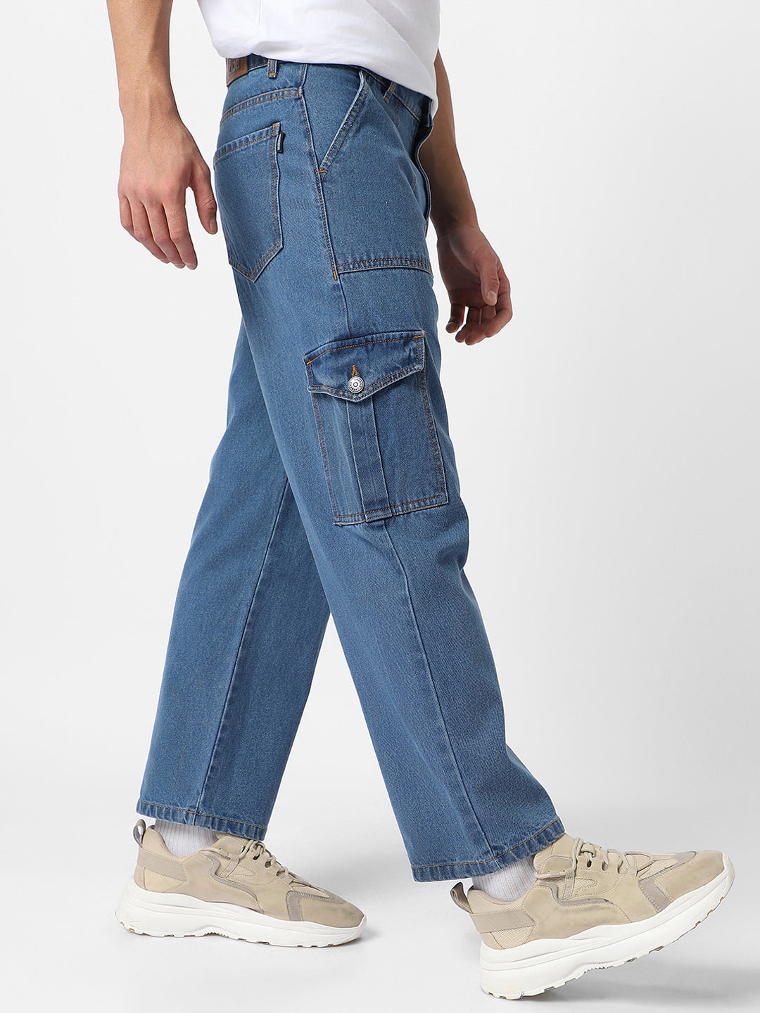 Men's Light Blue Loose Fit Cargo Jeans with 6 Pockets Non-Stretchable