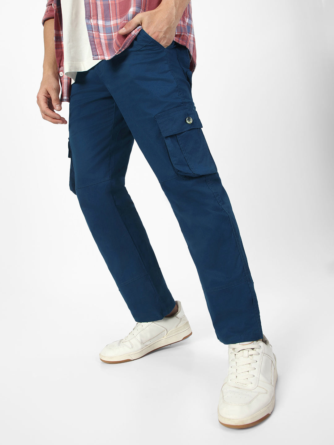 Men's Royal Blue Regular Fit Solid Cargo Chino Pant with 6 Pockets