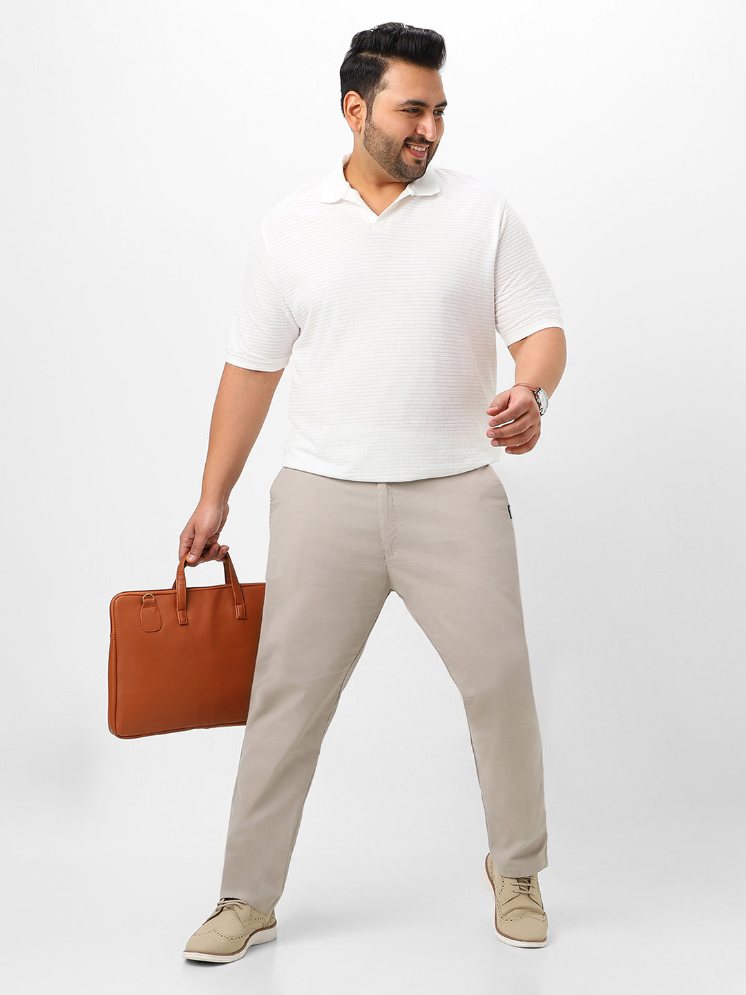 Plus Men's Grey Cotton Regular Fit Casual Chinos Trousers