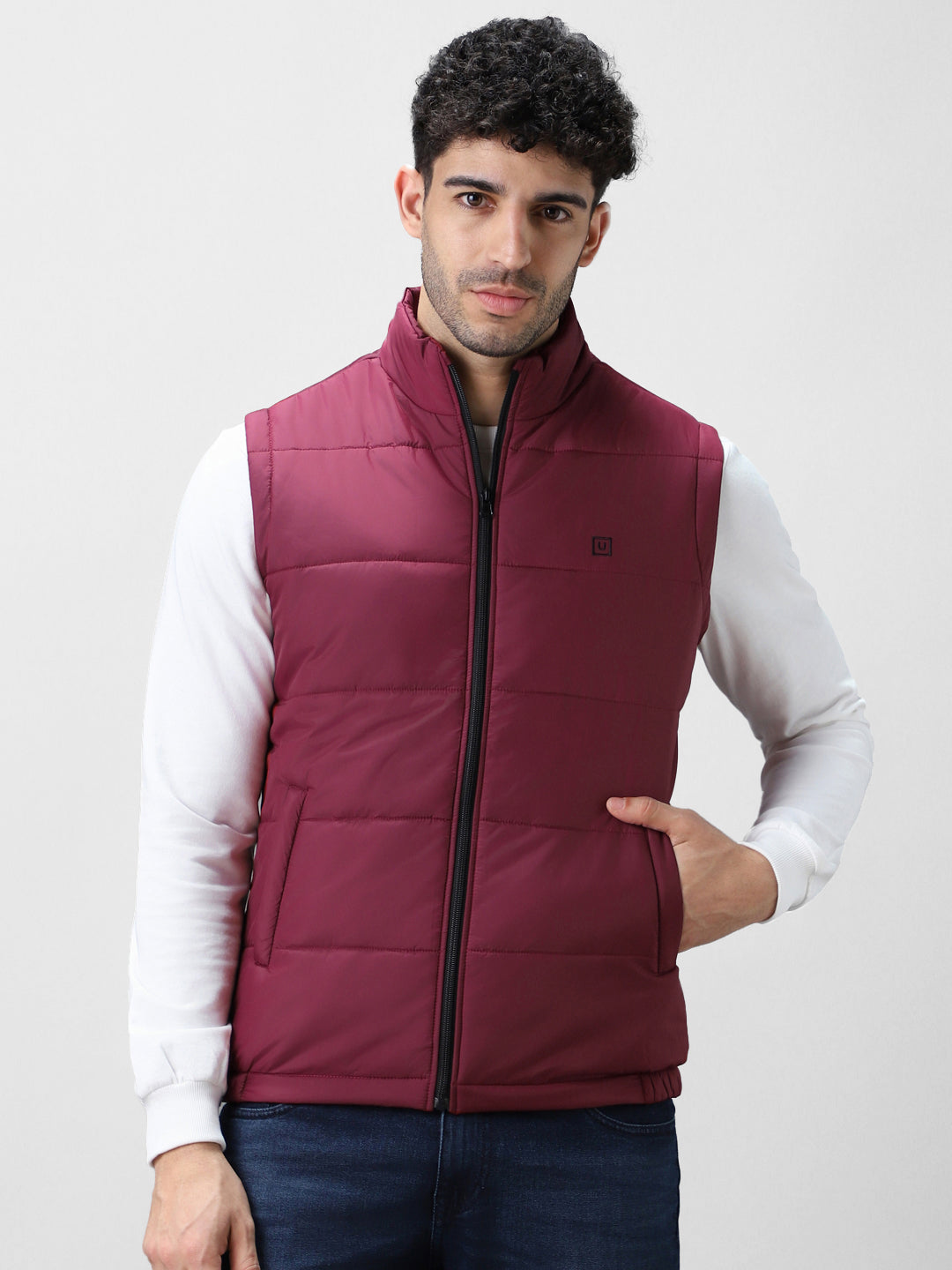 Men's Red Sleeveless Zippered Puffer Jacket