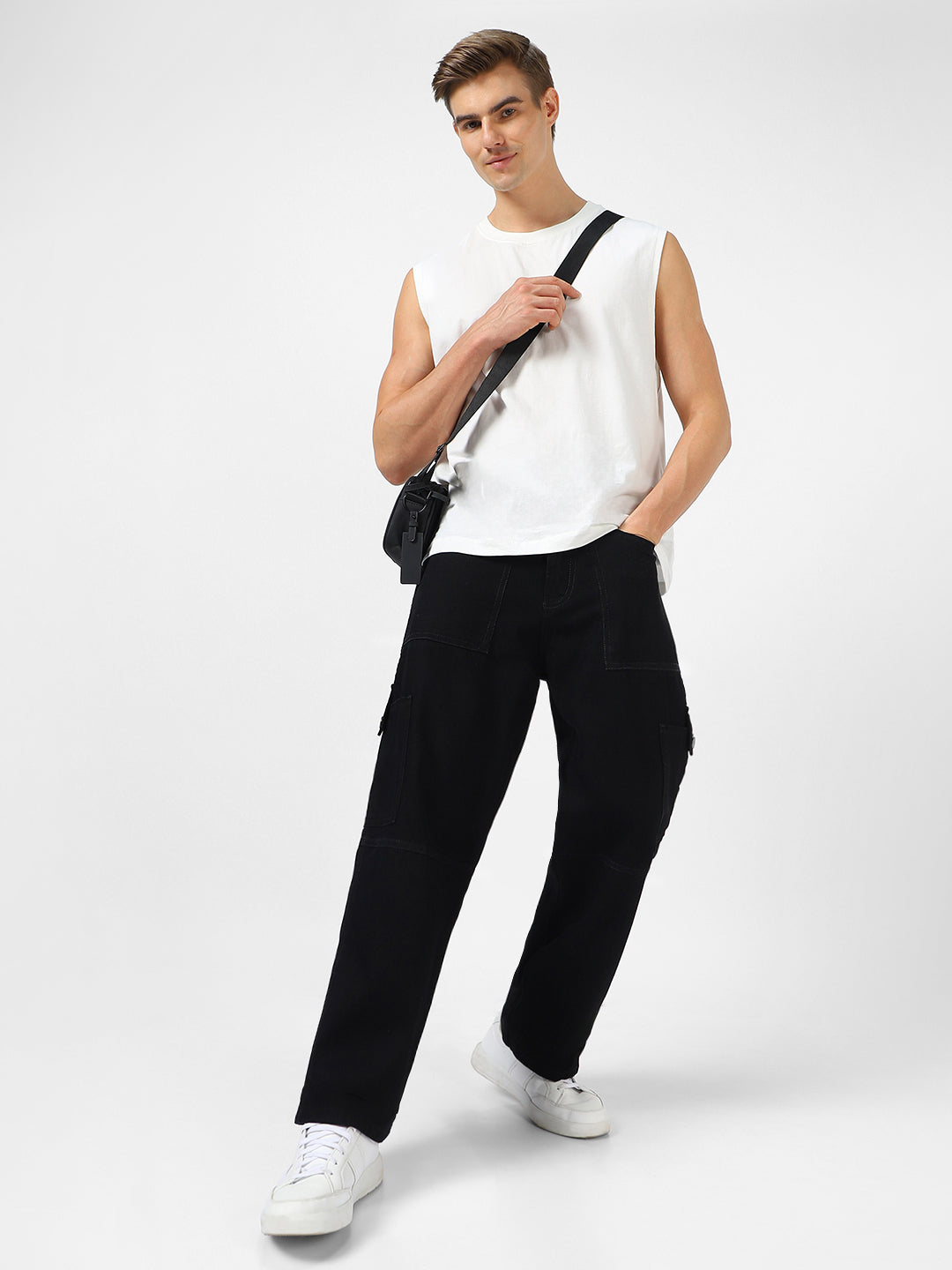 Men's Black Loose Baggy Fit Washed Cargo Jeans with 6 Pockets Non-Stretchable