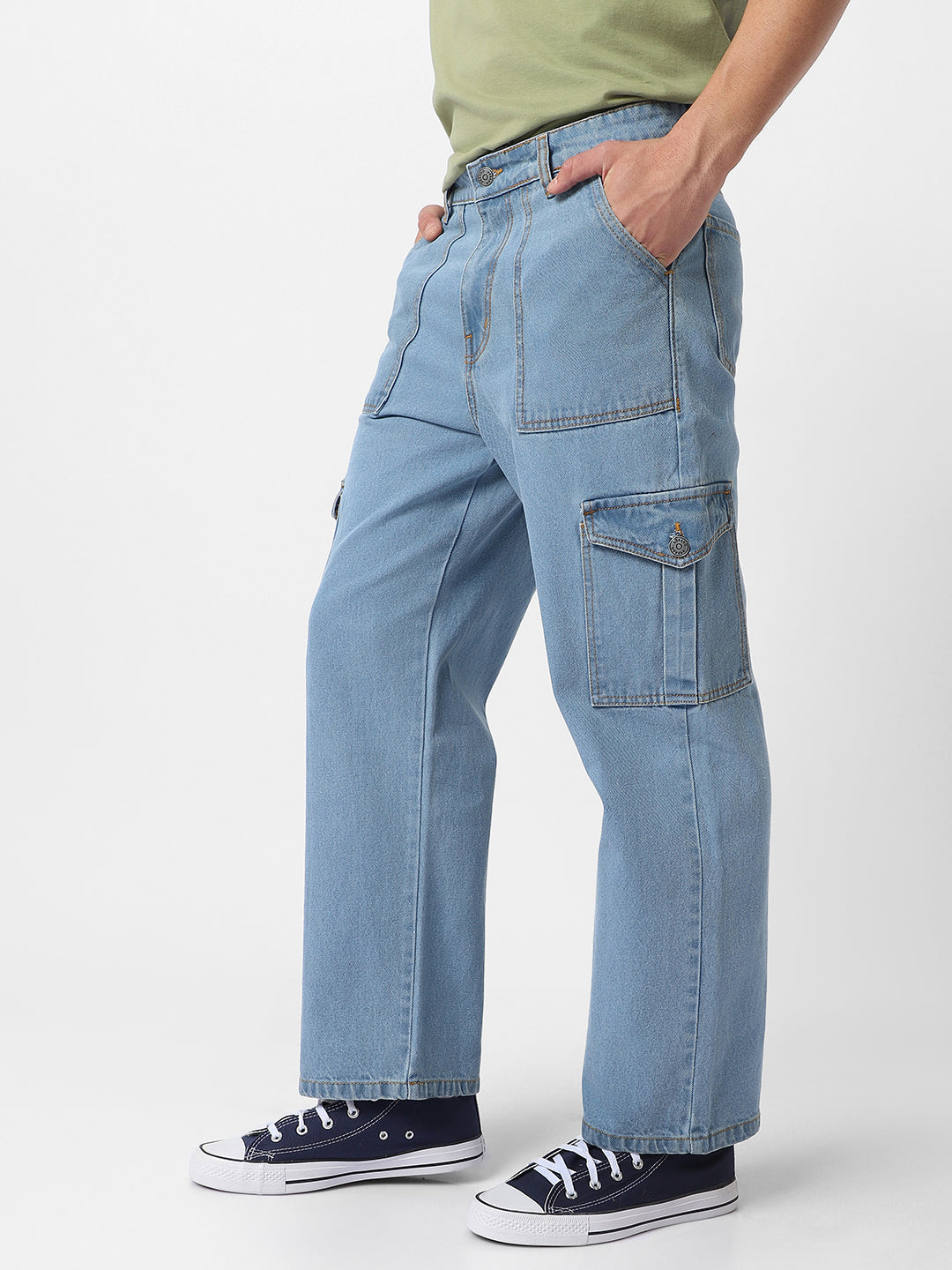 Men's Ice Blue Loose Fit Cargo Jeans with 6 Pockets Non-Stretchable