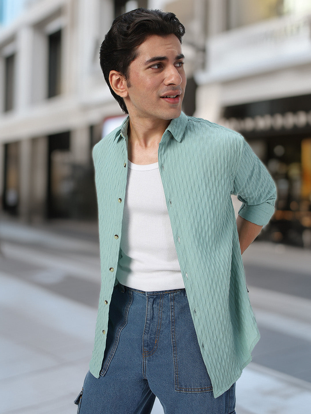 Men's Sea Green Cotton Full Sleeve Regular Fit Textured Shirt with Spread Collar