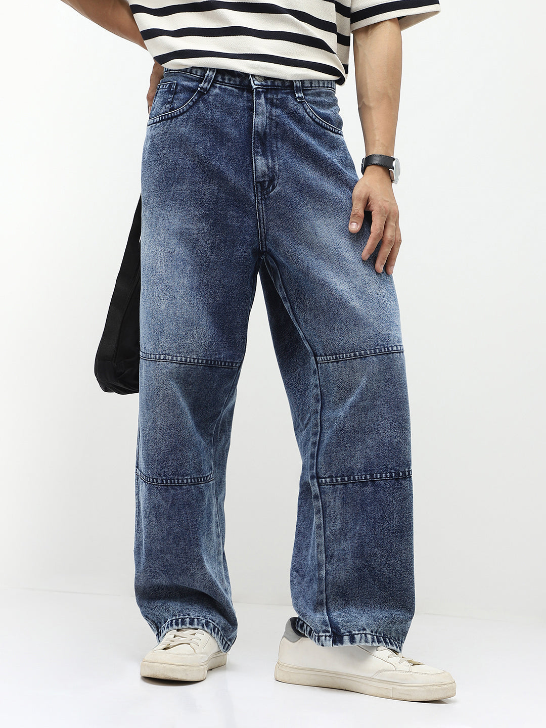 Men's Blue Loose Baggy Fit Cut and Sew Panelled Jeans Non-Stretchable