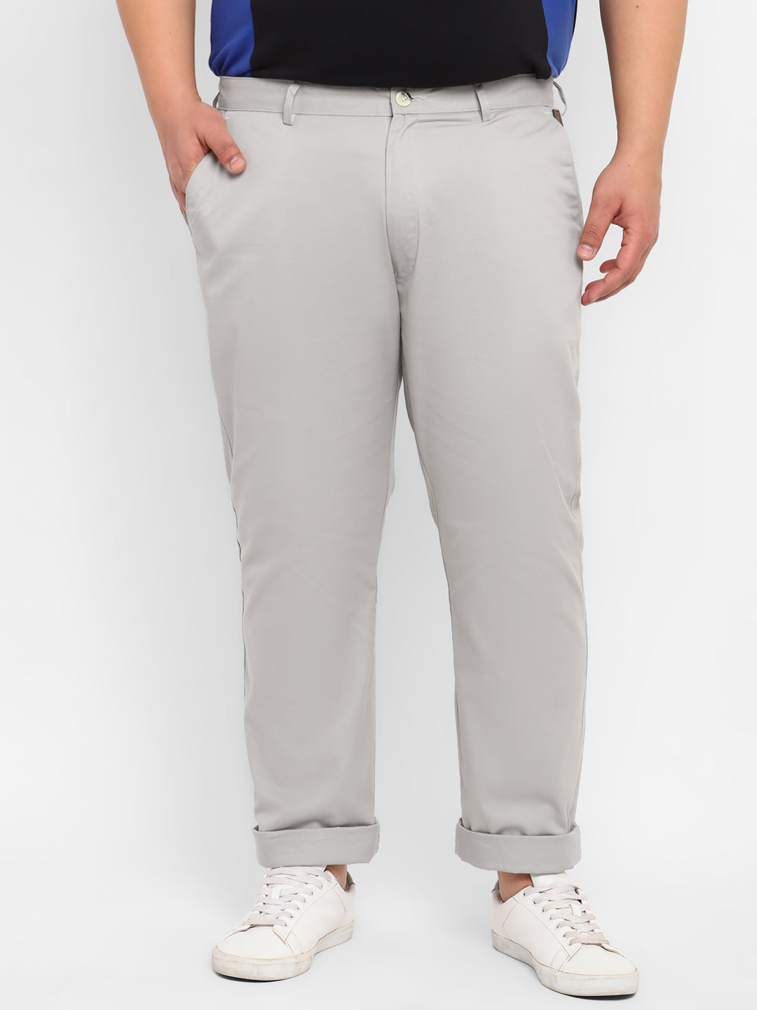 Plus Men's Grey Cotton Regular Fit Casual Chinos Trousers