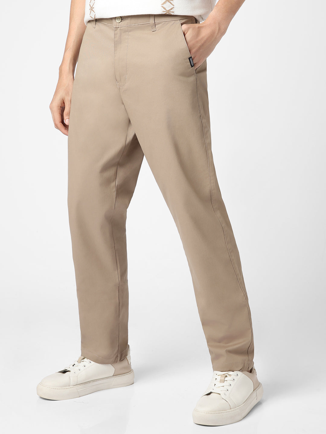Men's Taupe Brown Cotton Regular Fit Casual Chinos Trousers Stretch