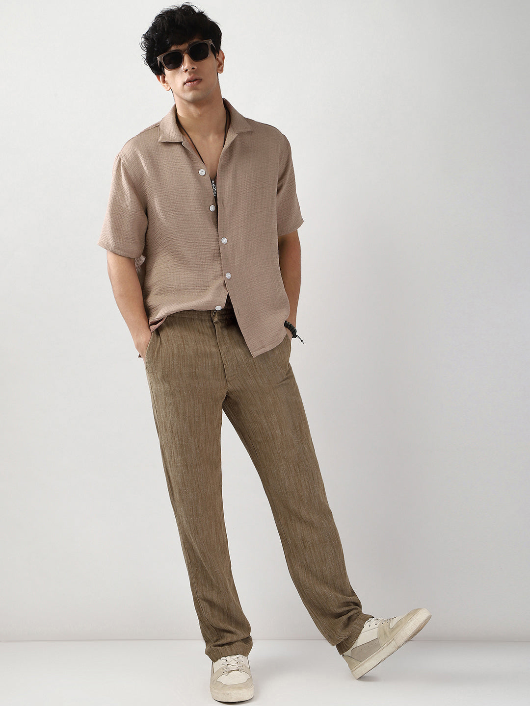 Men's Mocha Mousse Cotton Half Sleeve Oversized Fit Textured Shirt with Cuban Collar