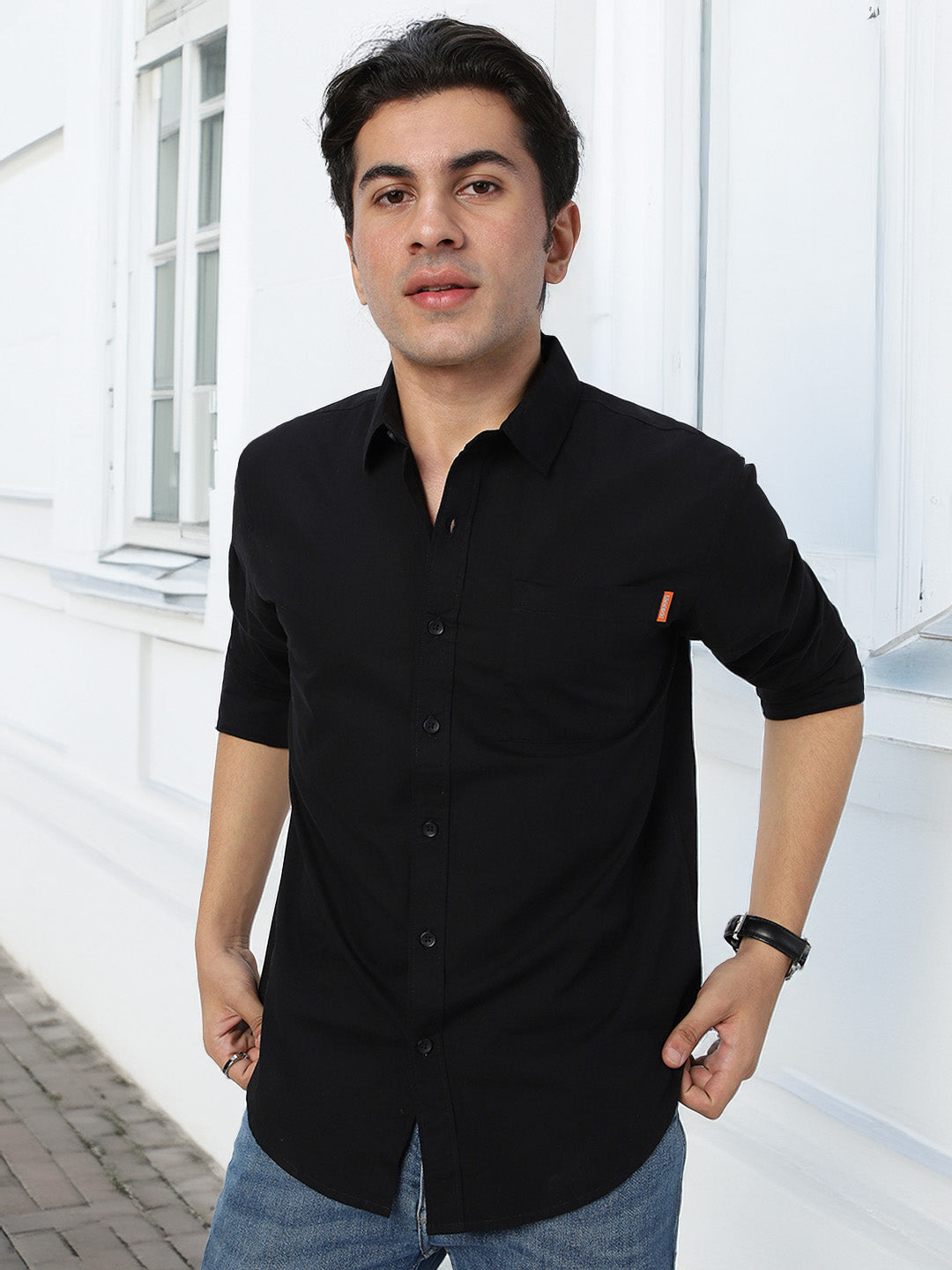 Men's Black Cotton Full Sleeve Regular Fit Casual Solid Shirt