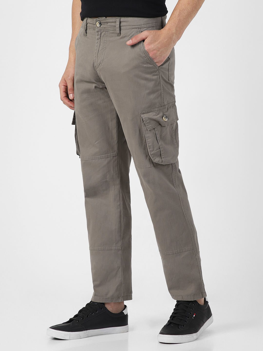 Men's Grey Regular Fit Solid Cargo Chino Pant with 6 Pockets