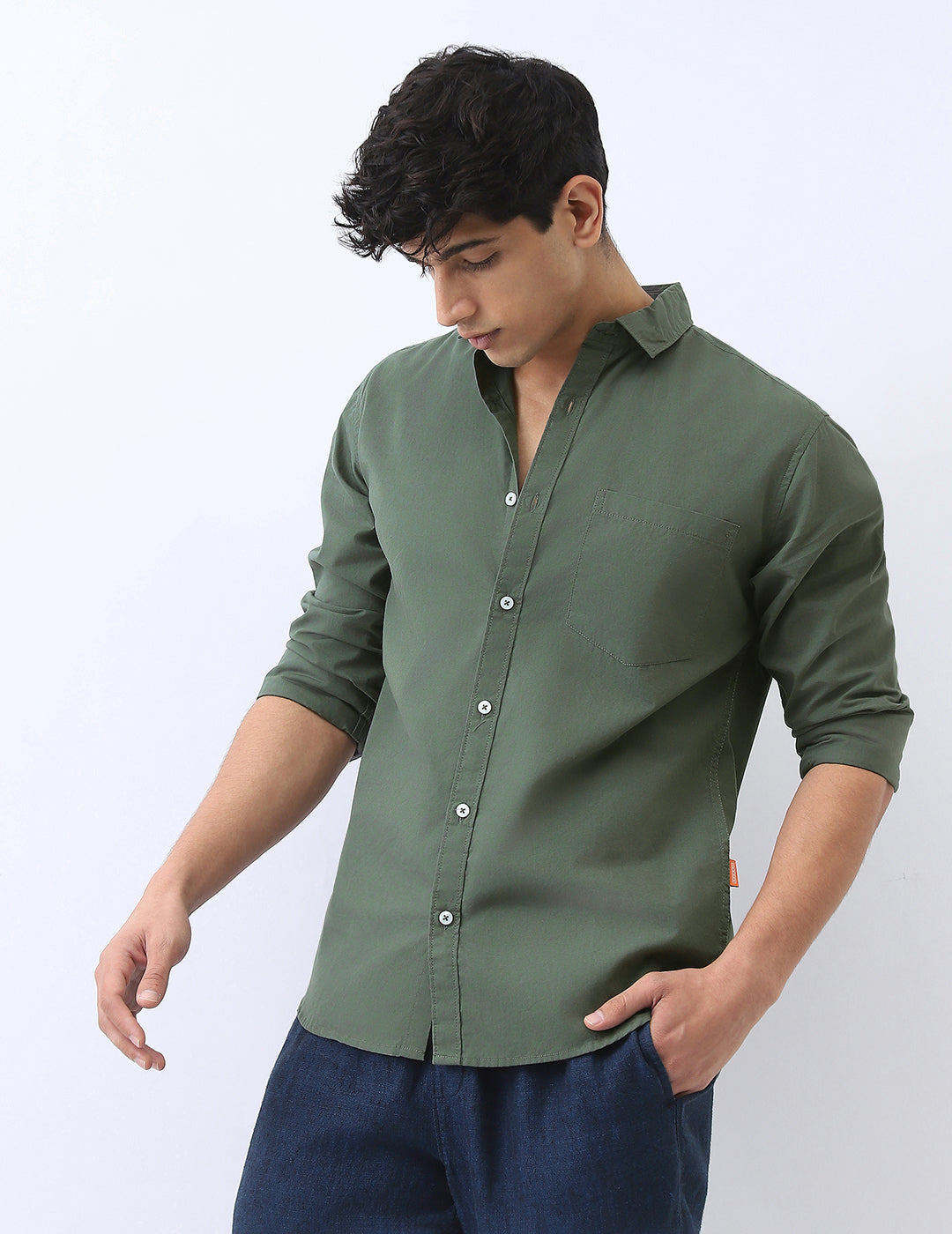 Men's Sage Green Cotton Full Sleeve Regular Fit Casual Solid Shirt
