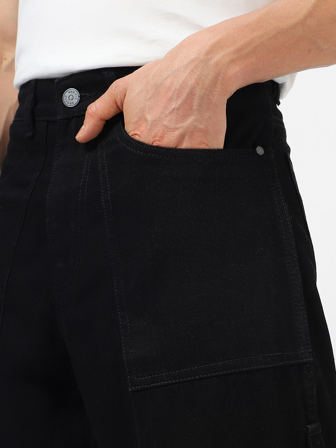 Men's Black Loose Baggy Fit Washed Cargo Jeans with 6 Pockets Non-Stretchable