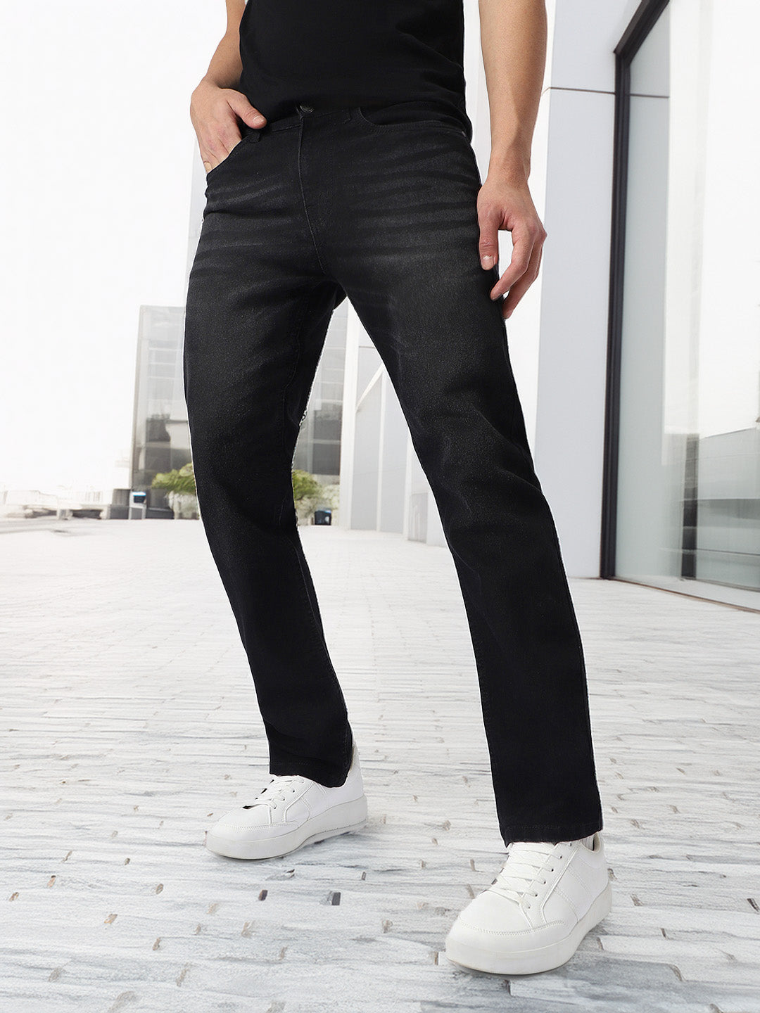 Men's Black Regular Fit Washed Jeans Stretchable