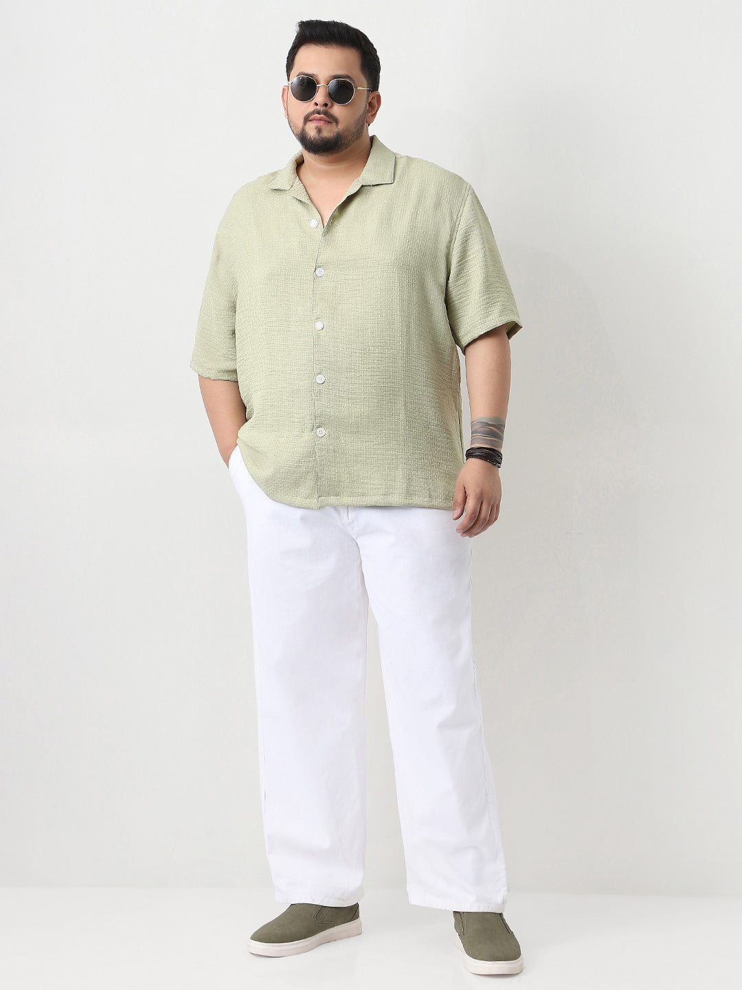 Plus Men's Pastel Olive Cotton Half Sleeve Oversized Fit Textured Shirt with Cuban Collar