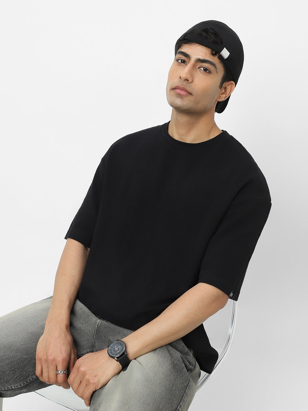 Men's Black Textured Round Neck Oversized Half Sleeve Cotton T-Shirt