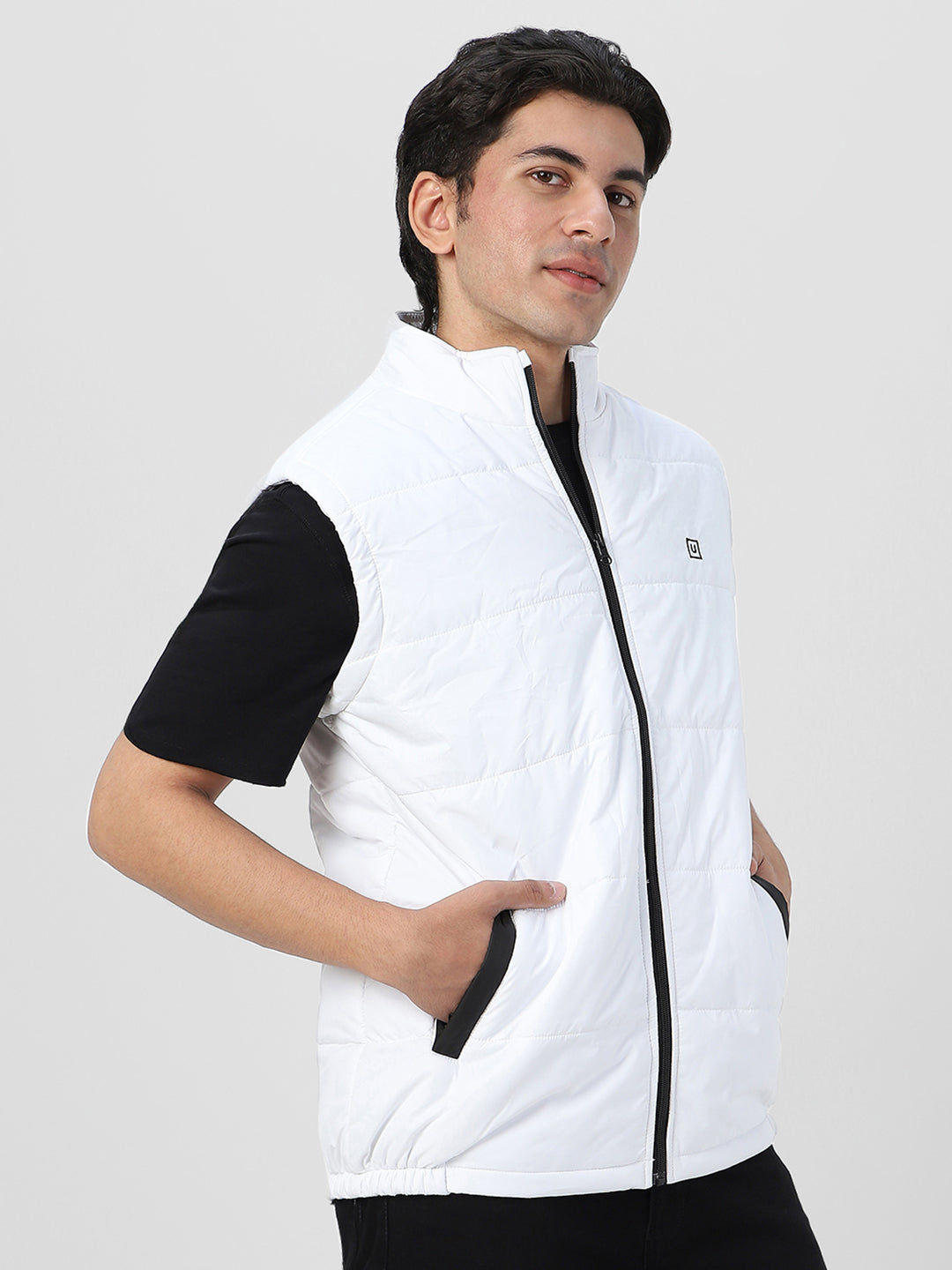 Men's White Sleeveless Zippered Puffer Jacket