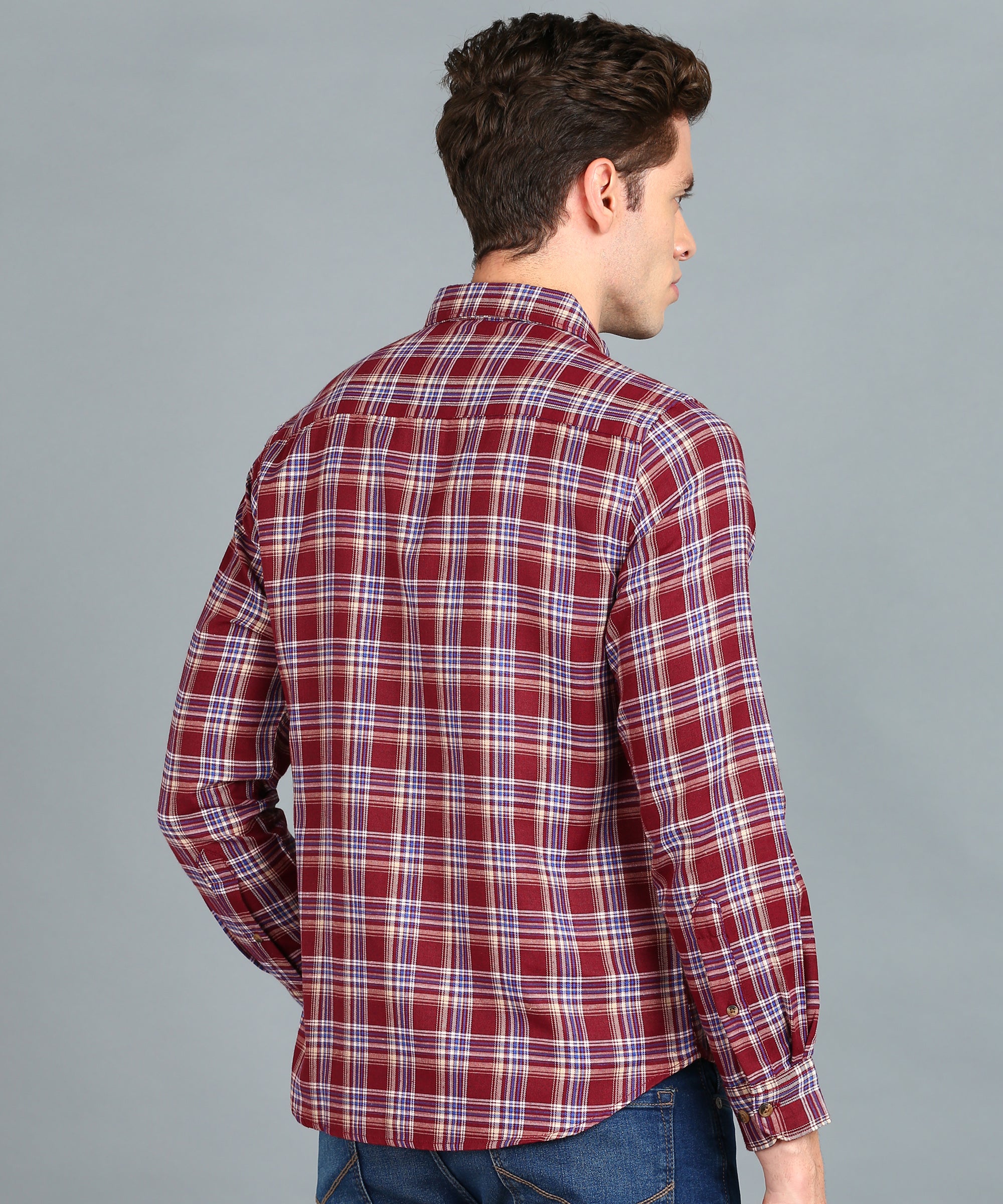 Men's Red Cotton Full Sleeve Slim Fit Casual Checkered Shirt