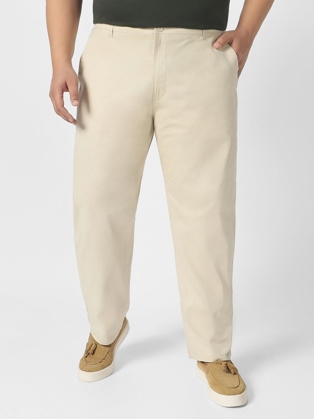 Plus Men's Cream Cotton Regular Fit Casual Chinos Trousers Stretch