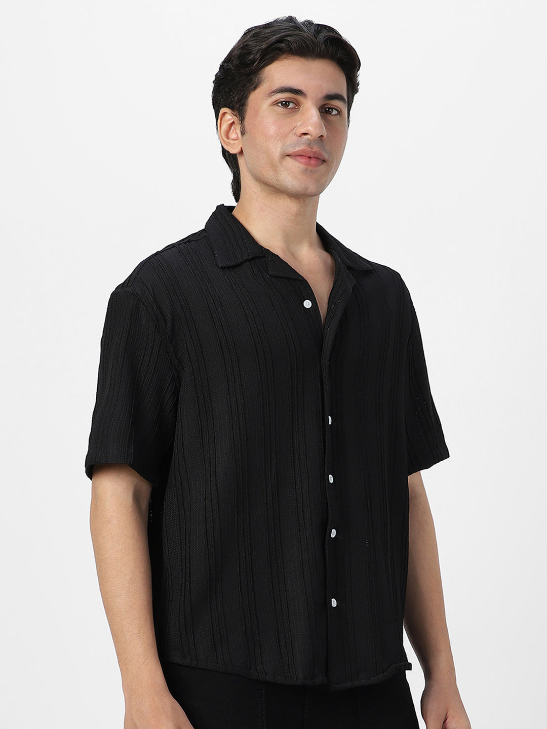 Men's Black Cotton Half Sleeve Oversized Fit Textured Shirt with Cuban Collar