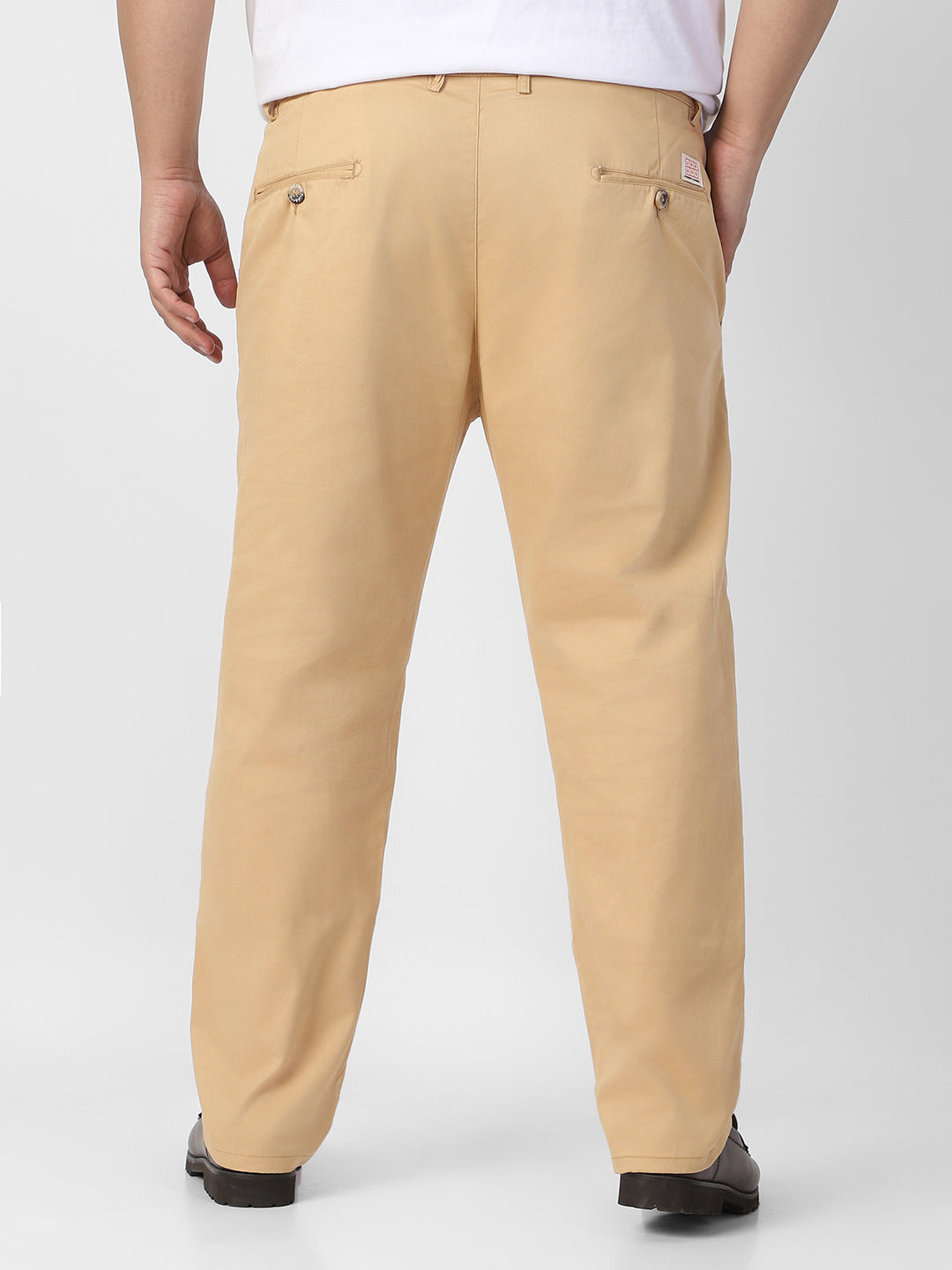 Plus Men's Beige Cotton Regular Fit Casual Chinos Trousers Stretch
