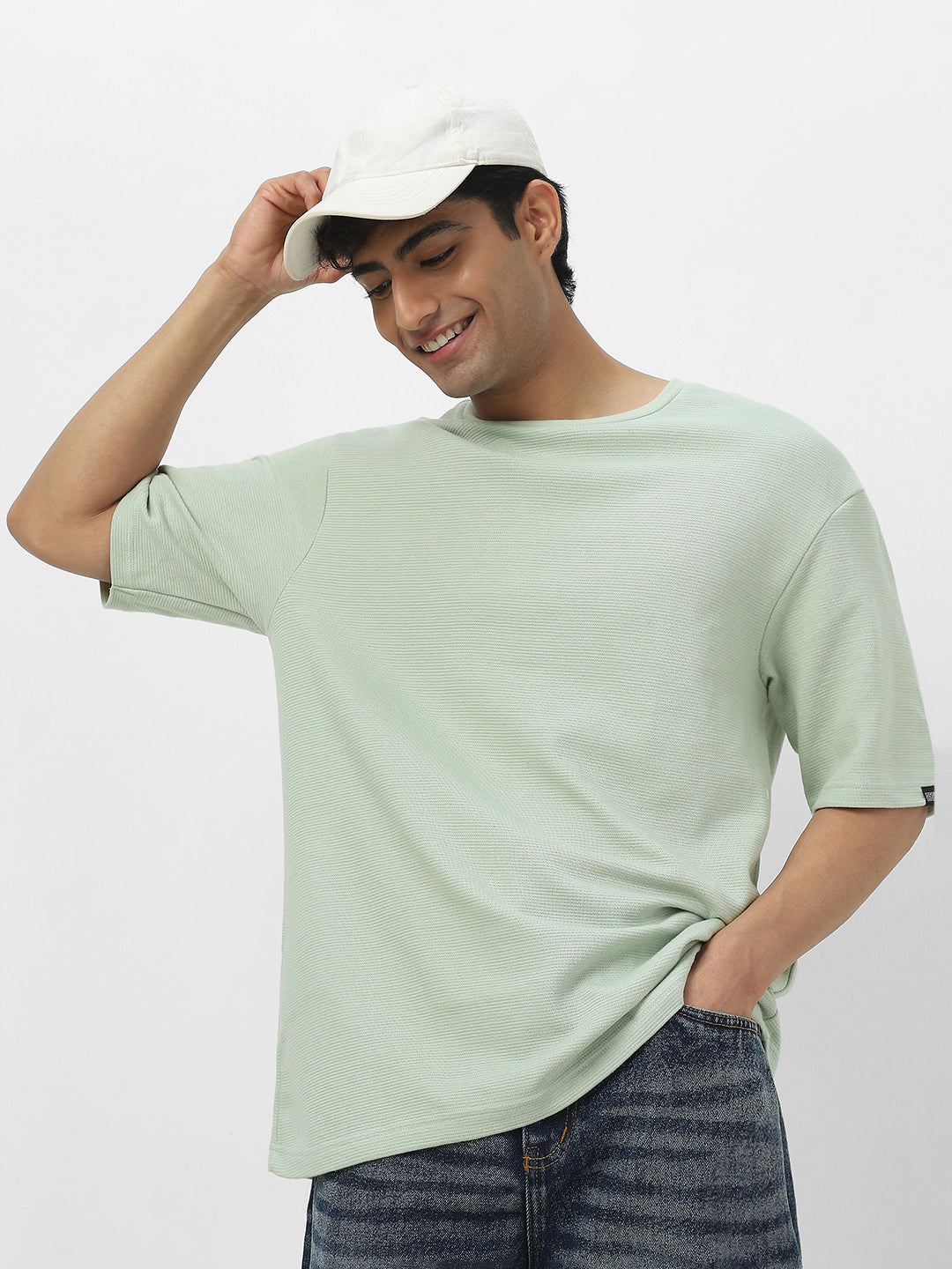 Men's Pastel Green Textured Round Neck Oversized Half Sleeve Cotton T-Shirt