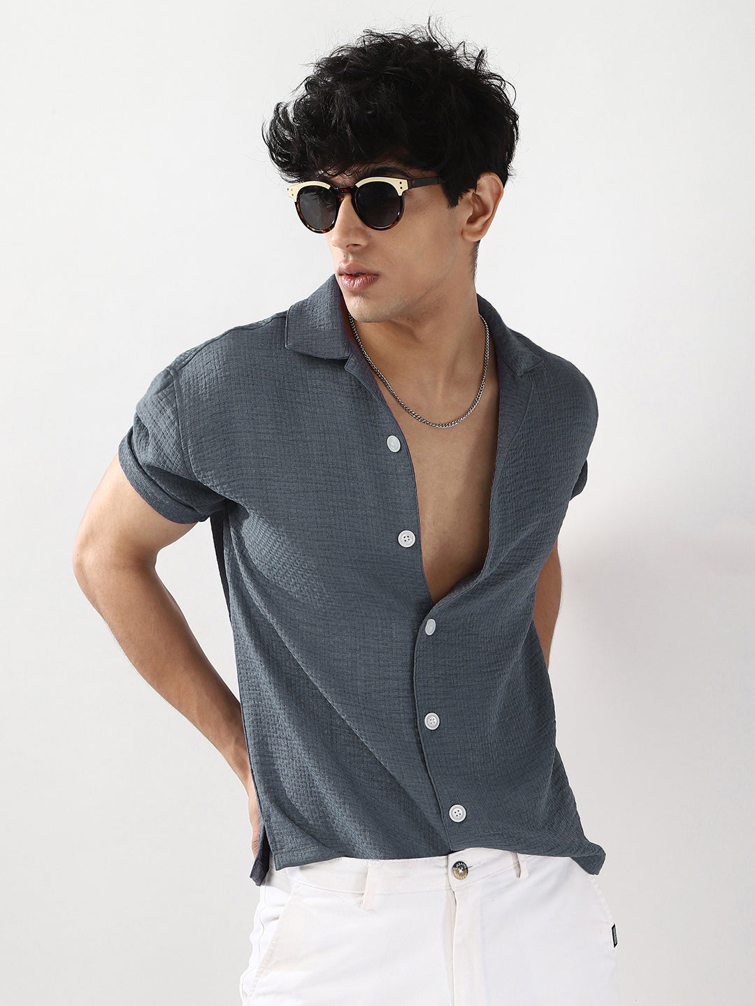 Men's Slate Blue Cotton Half Sleeve Oversized Fit Textured Shirt with Cuban Collar
