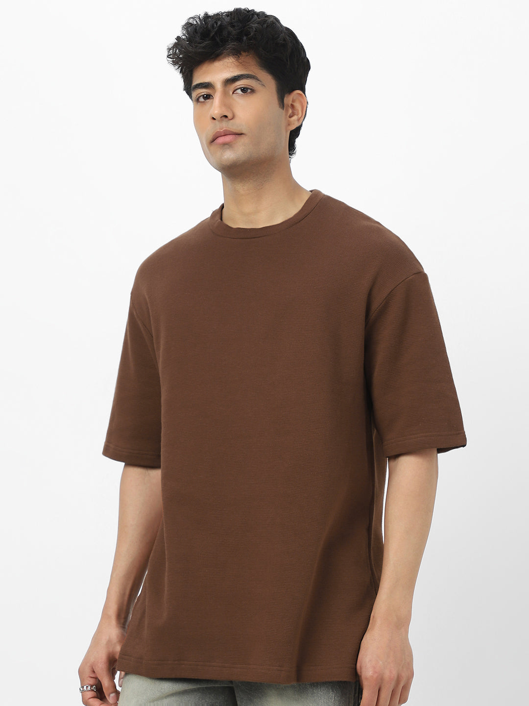 Men's Chocolate Brown Textured Round Neck Oversized Half Sleeve Cotton T-Shirt