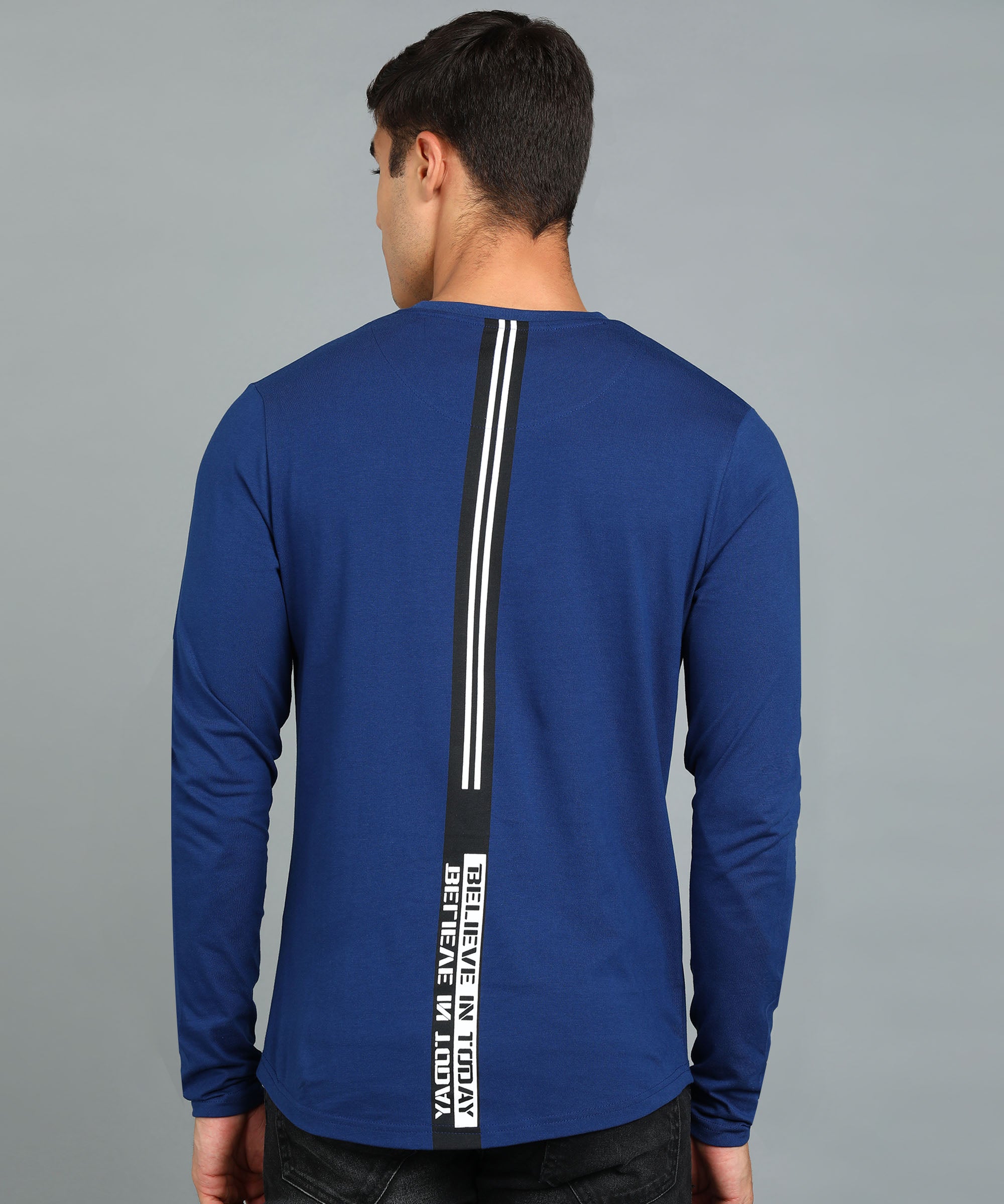 Men's Printed Dark Blue Round Neck Full Sleeve Slim Fit Cotton T-Shirt