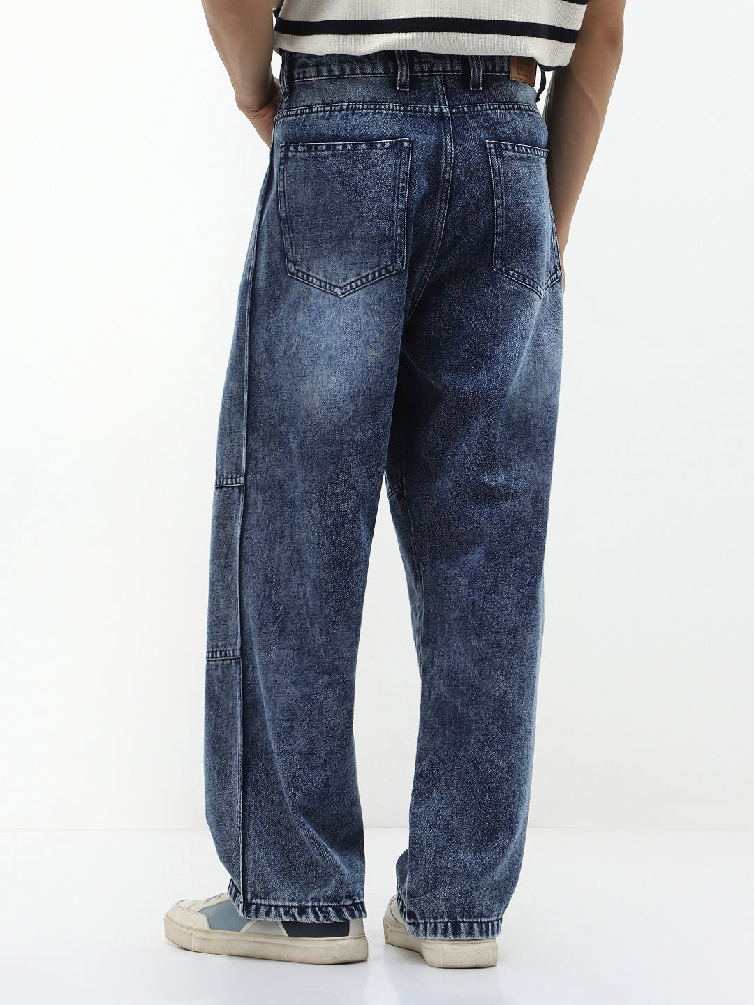 Men's Blue Loose Baggy Fit Cut and Sew Panelled Jeans Non-Stretchable