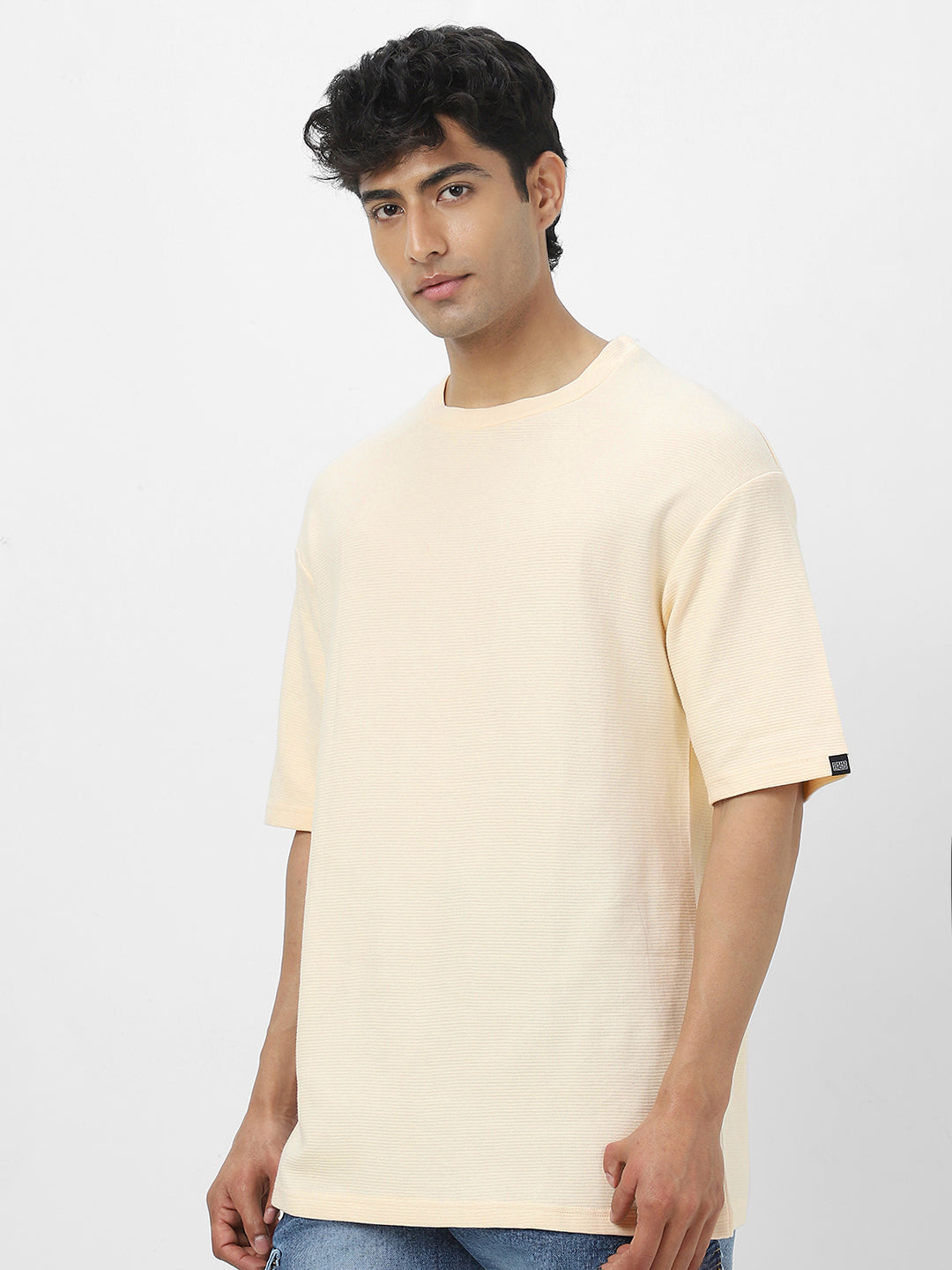 Men's Cloud Cream Textured Round Neck Oversized Half Sleeve Cotton T-Shirt