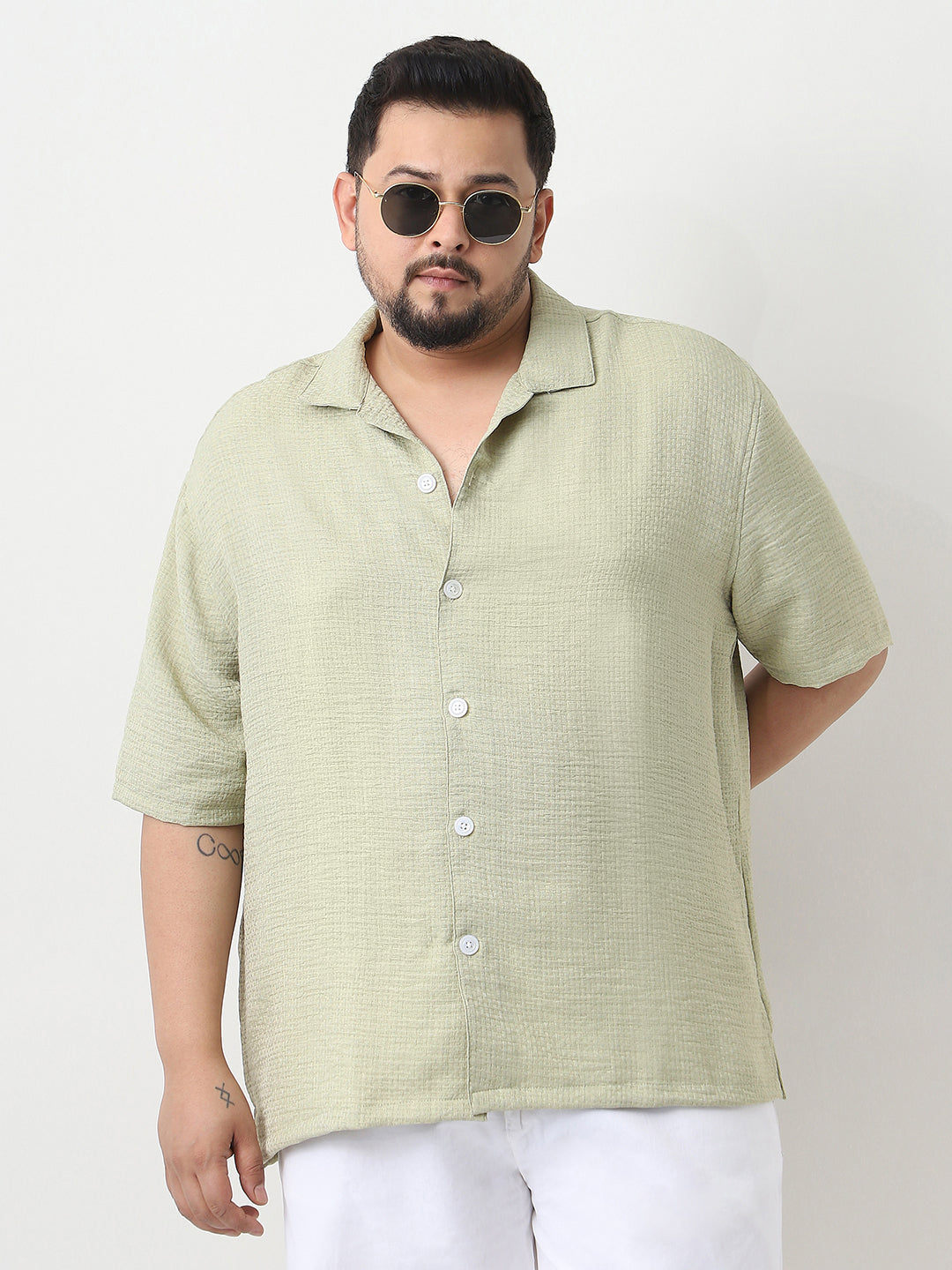 Plus Men's Pastel Olive Cotton Half Sleeve Oversized Fit Textured Shirt with Cuban Collar