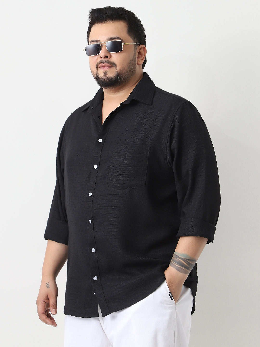 Plus Men's Black Linen Blend Full Sleeve Relaxed Fit Casual Solid Shirt