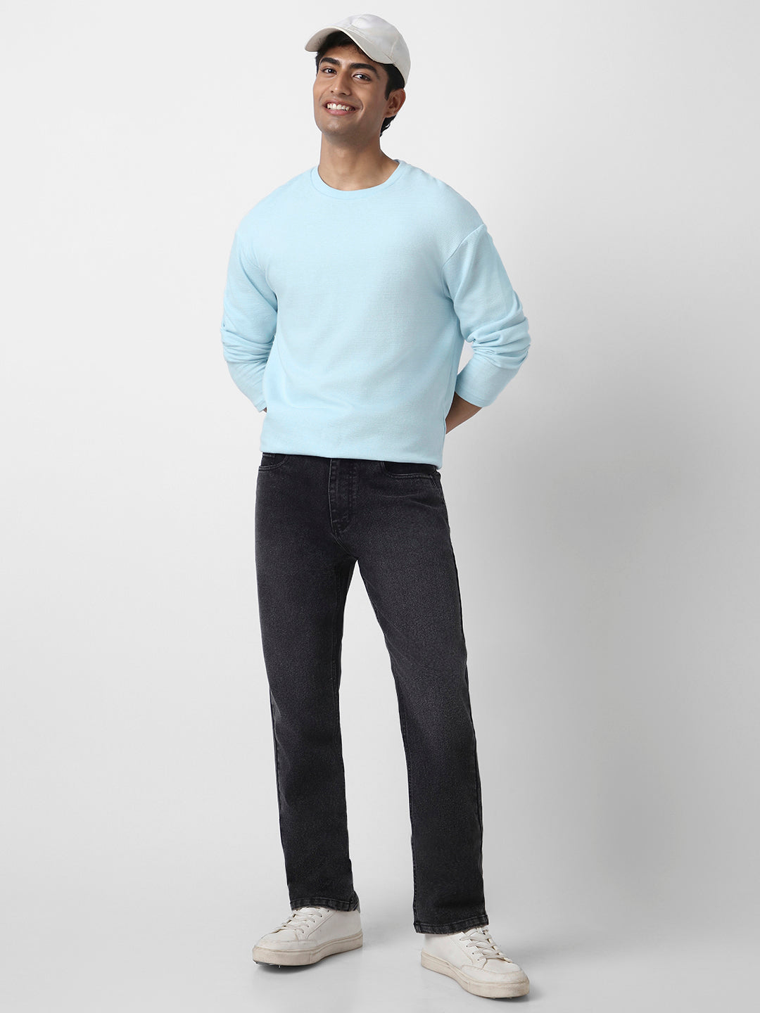Men's Pastel Blue Textured Round Neck Oversized Full Sleeve Cotton T-Shirt