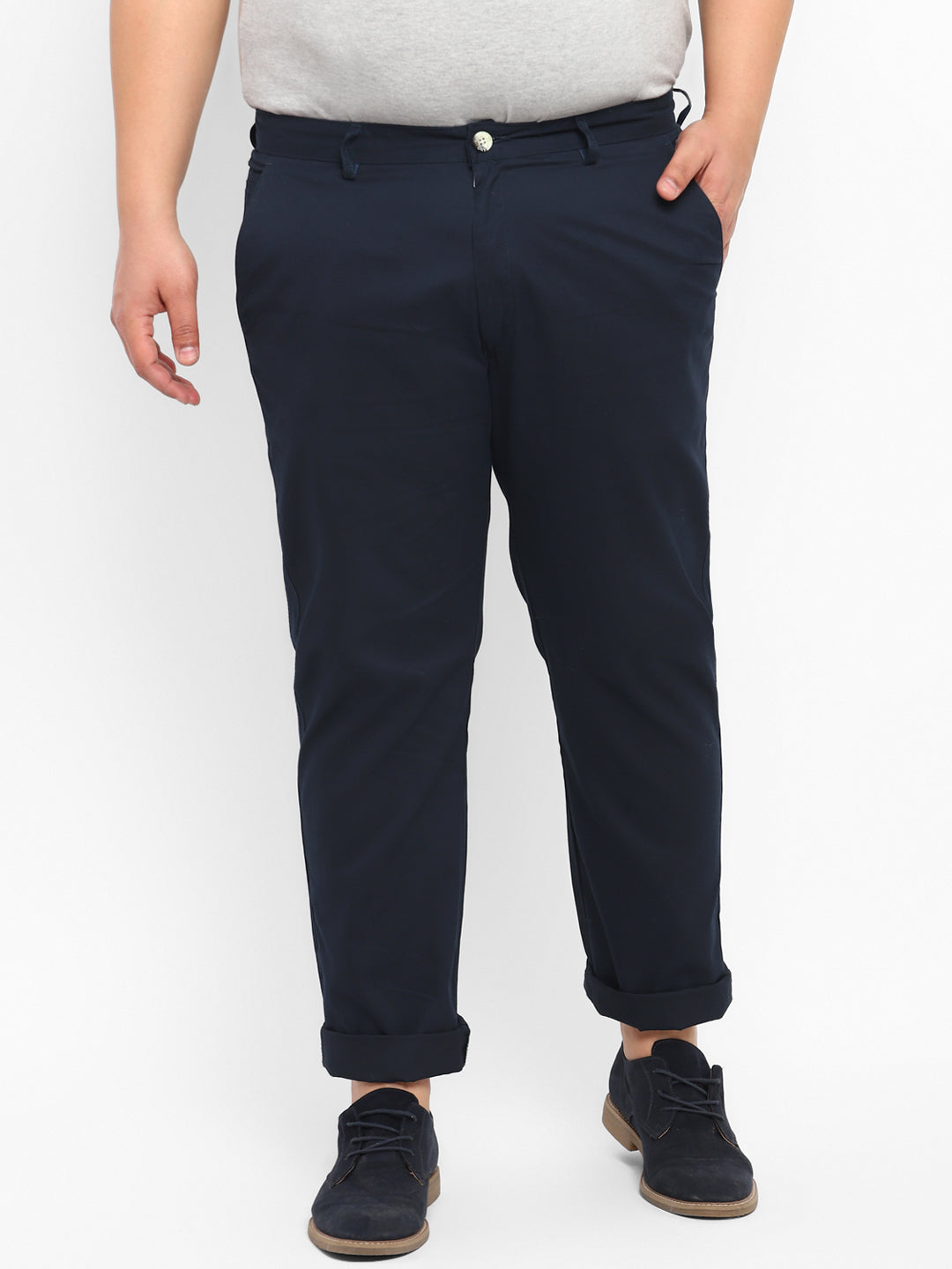 Plus Men's Dark Blue Cotton Regular Fit Casual Chinos Trousers