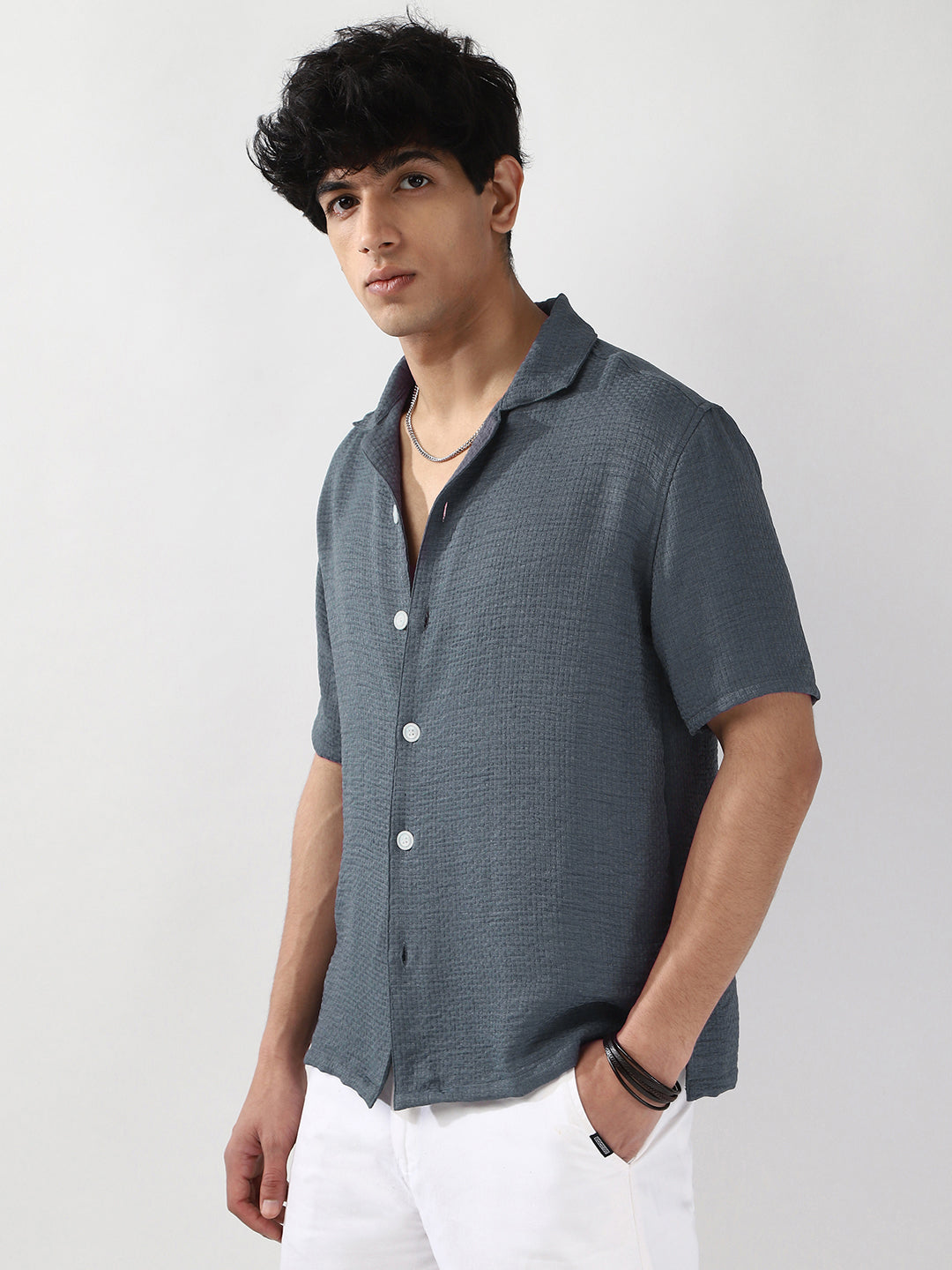 Men's Slate Blue Cotton Half Sleeve Oversized Fit Textured Shirt with Cuban Collar