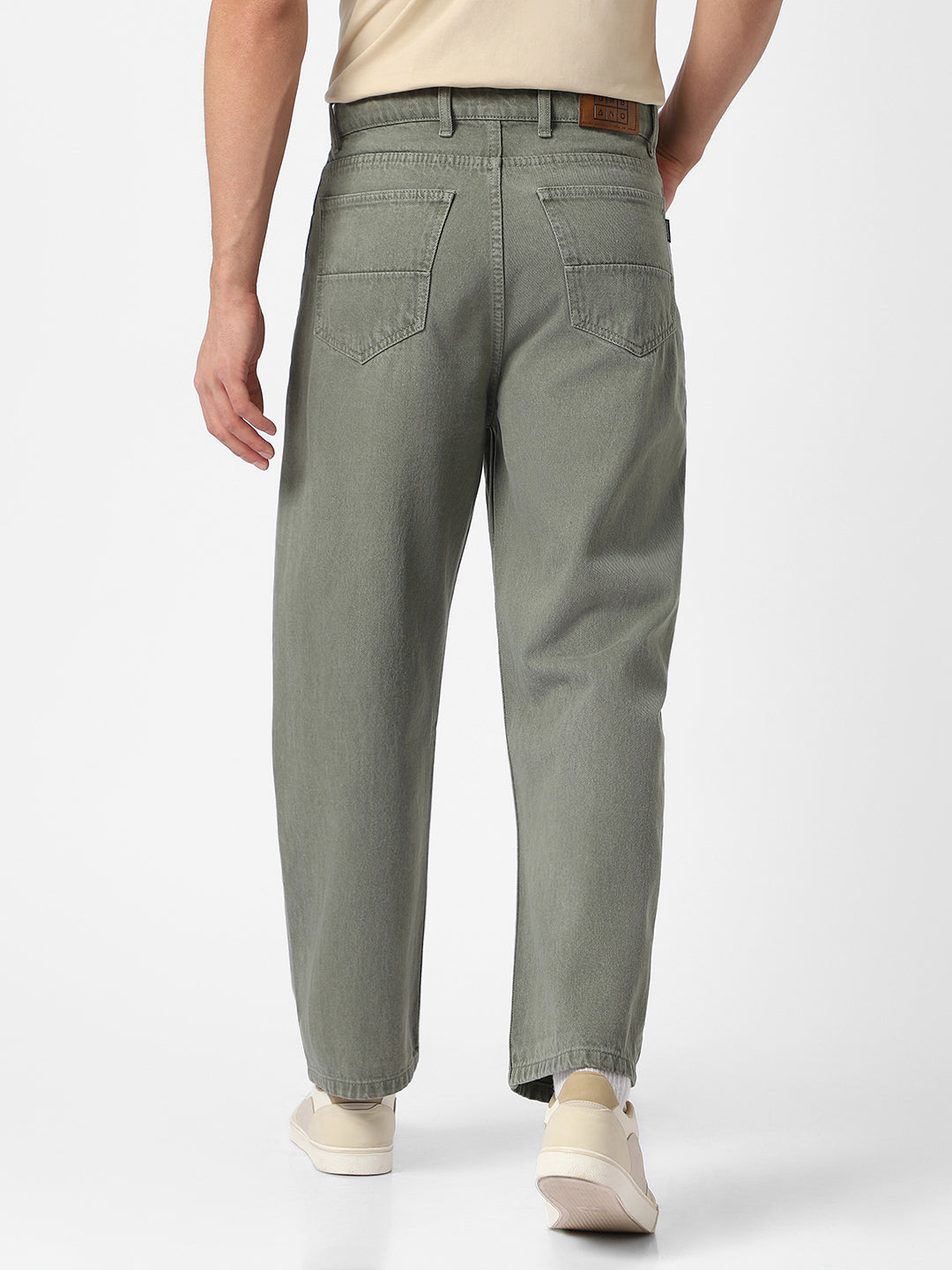 Men's Olive Green Loose Fit Washed Jeans Non-Stretchable