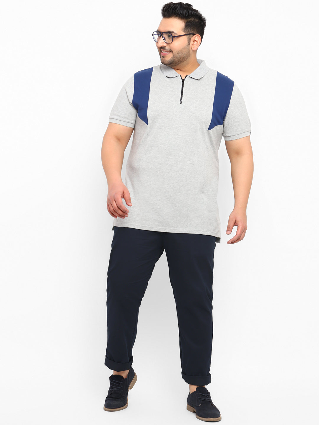 Plus Men's Dark Blue Cotton Regular Fit Casual Chinos Trousers