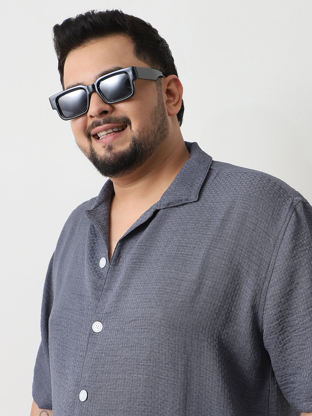 Plus Men's Slate Blue Cotton Half Sleeve Oversized Fit Textured Shirt with Cuban Collar